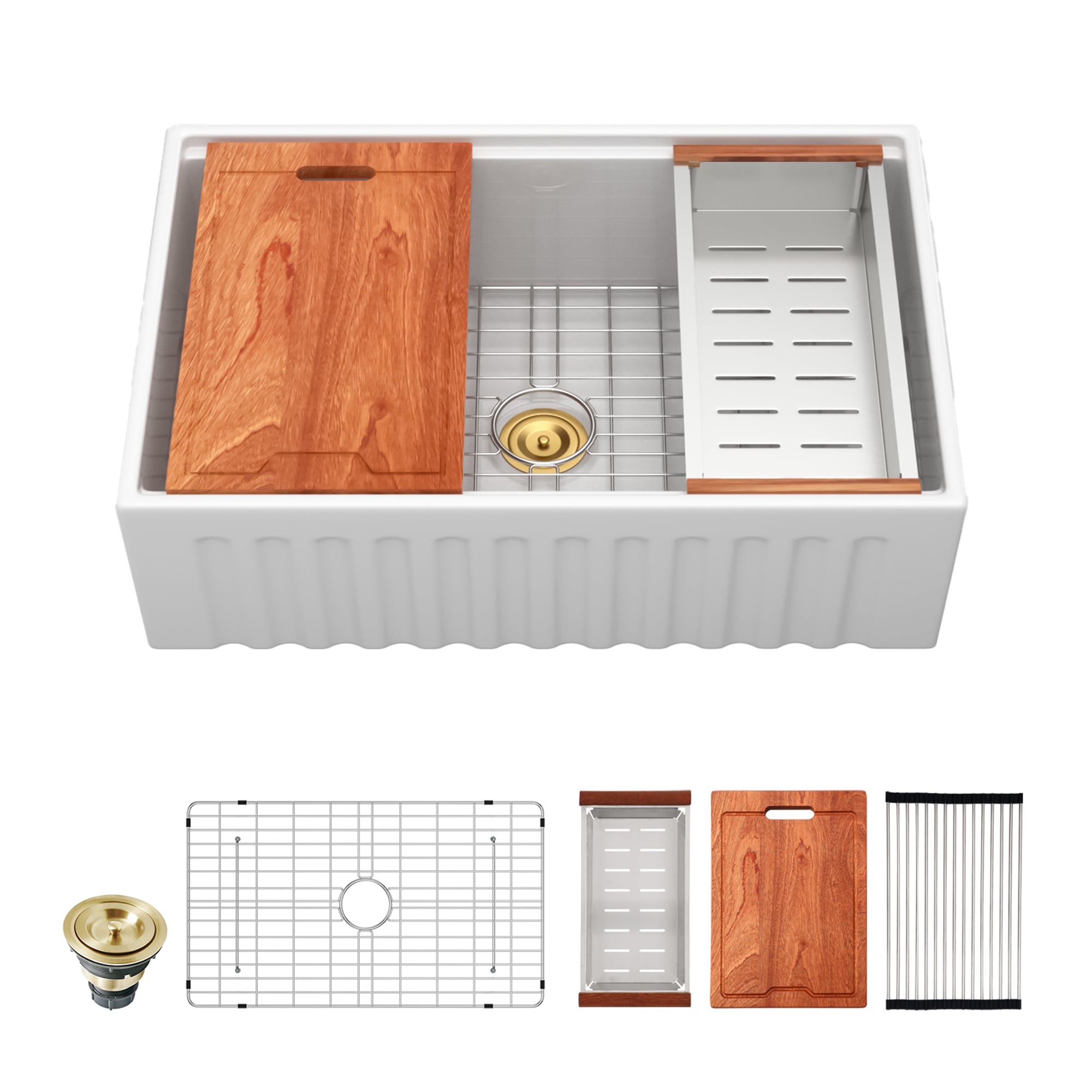 Lordear Farmhouse apron front 33-in x 20-in Fireclay Single bowl Workstation Kitchen Sink