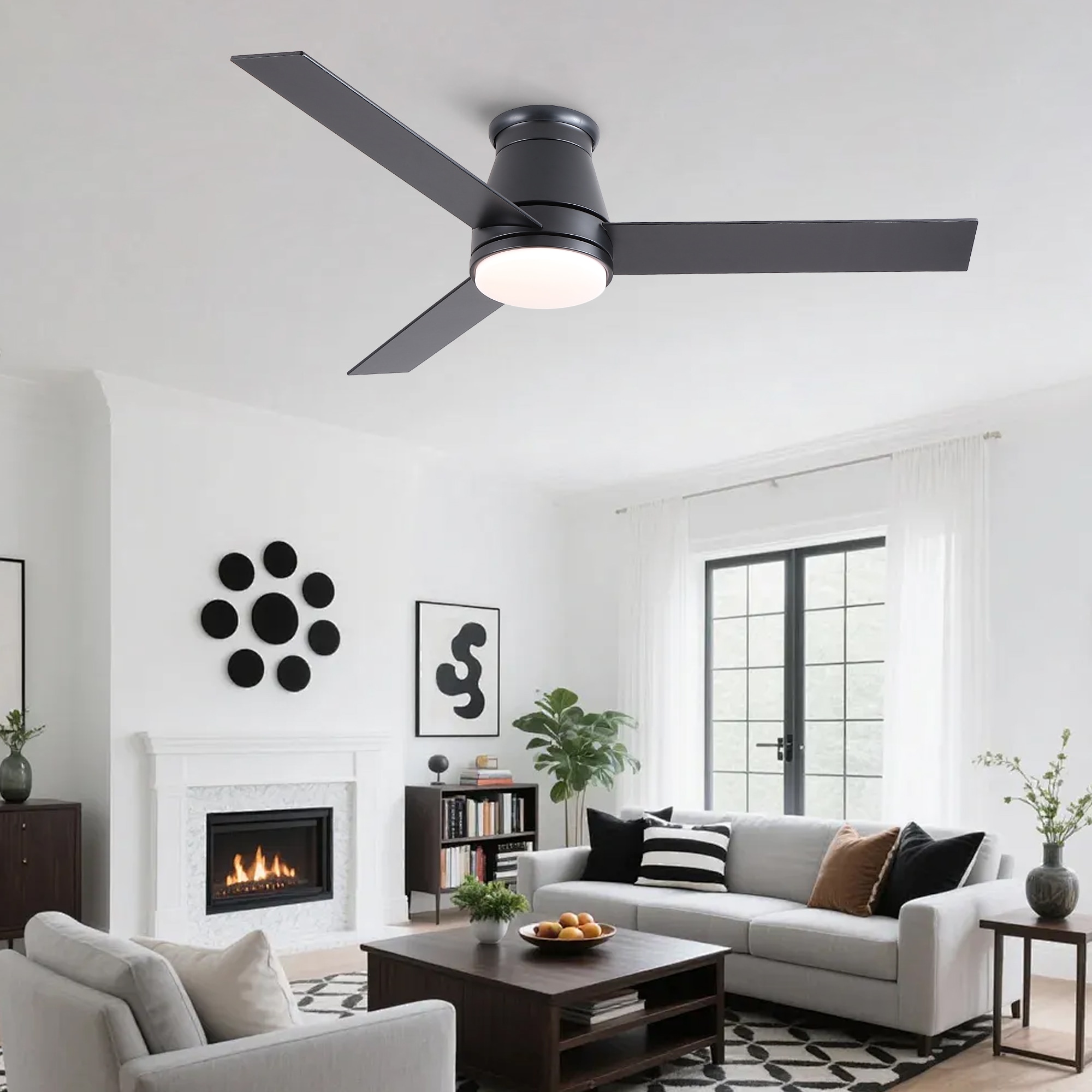 JUSHUA 52 inches Farmhouse Black Integrated LED Smart Ceiling Fan with DC Remote Tuya APP Control for Bedroom Living Room