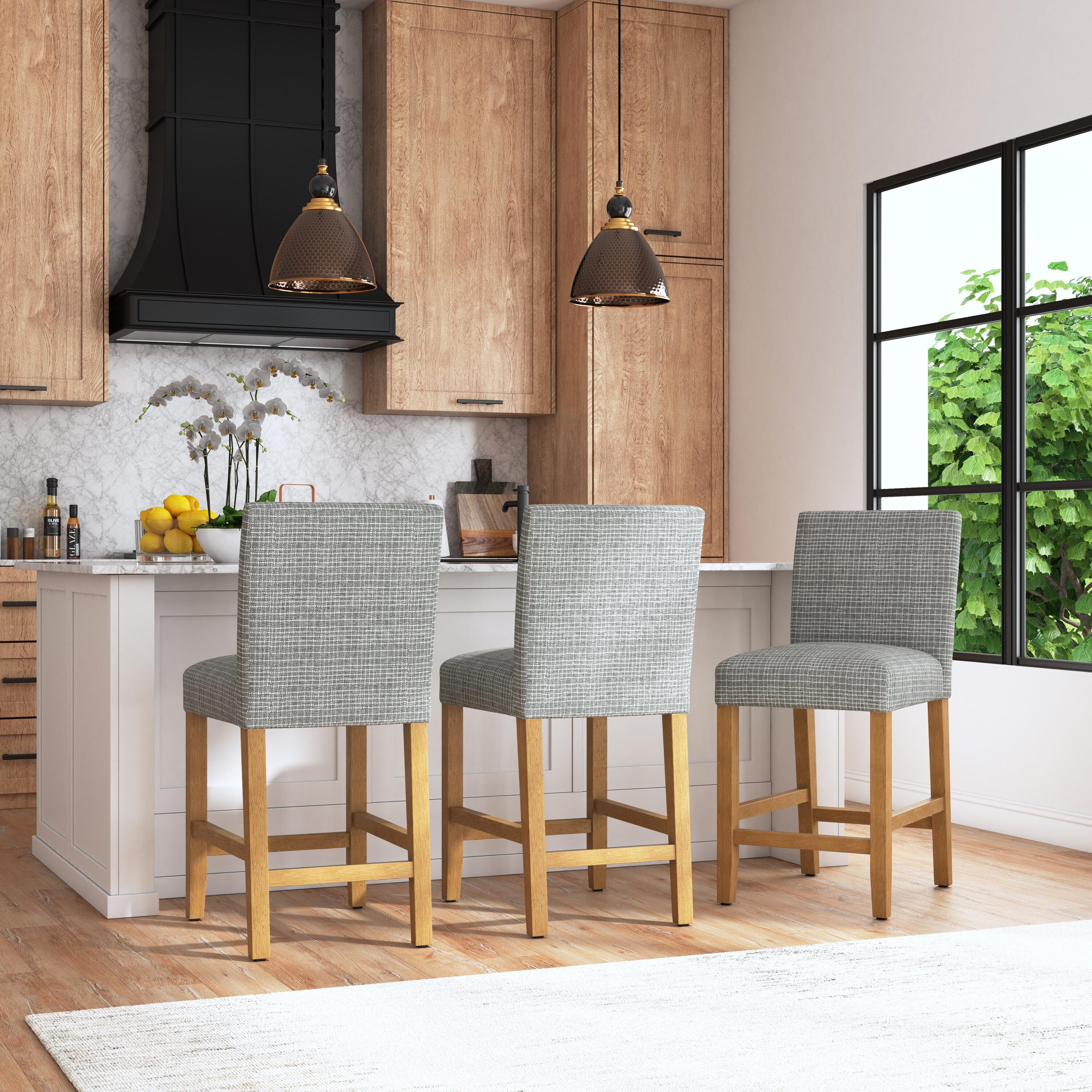 HomePop K8680.24-F2428 1 Barstool Sage Mini Grid Woven 25.2-in H Counter height Square seat Upholstered Wood Bar Stool and Back
