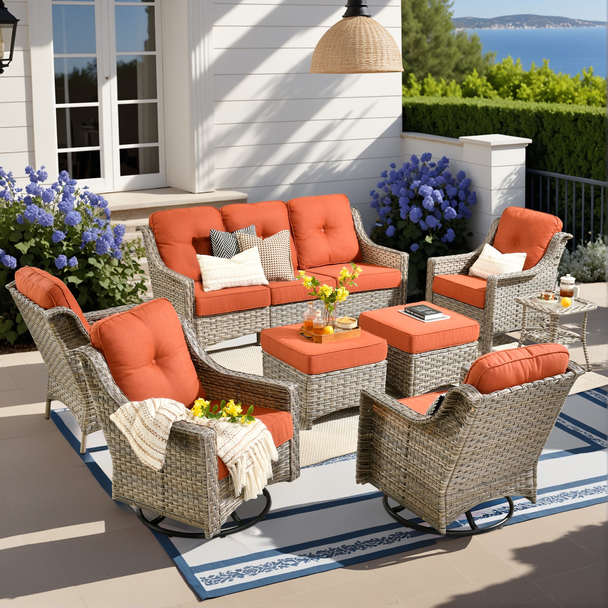 Pouuin SYZPAD80C8 8 -Piece Wicker Patio Sofa Conversation Set with Red Cushions