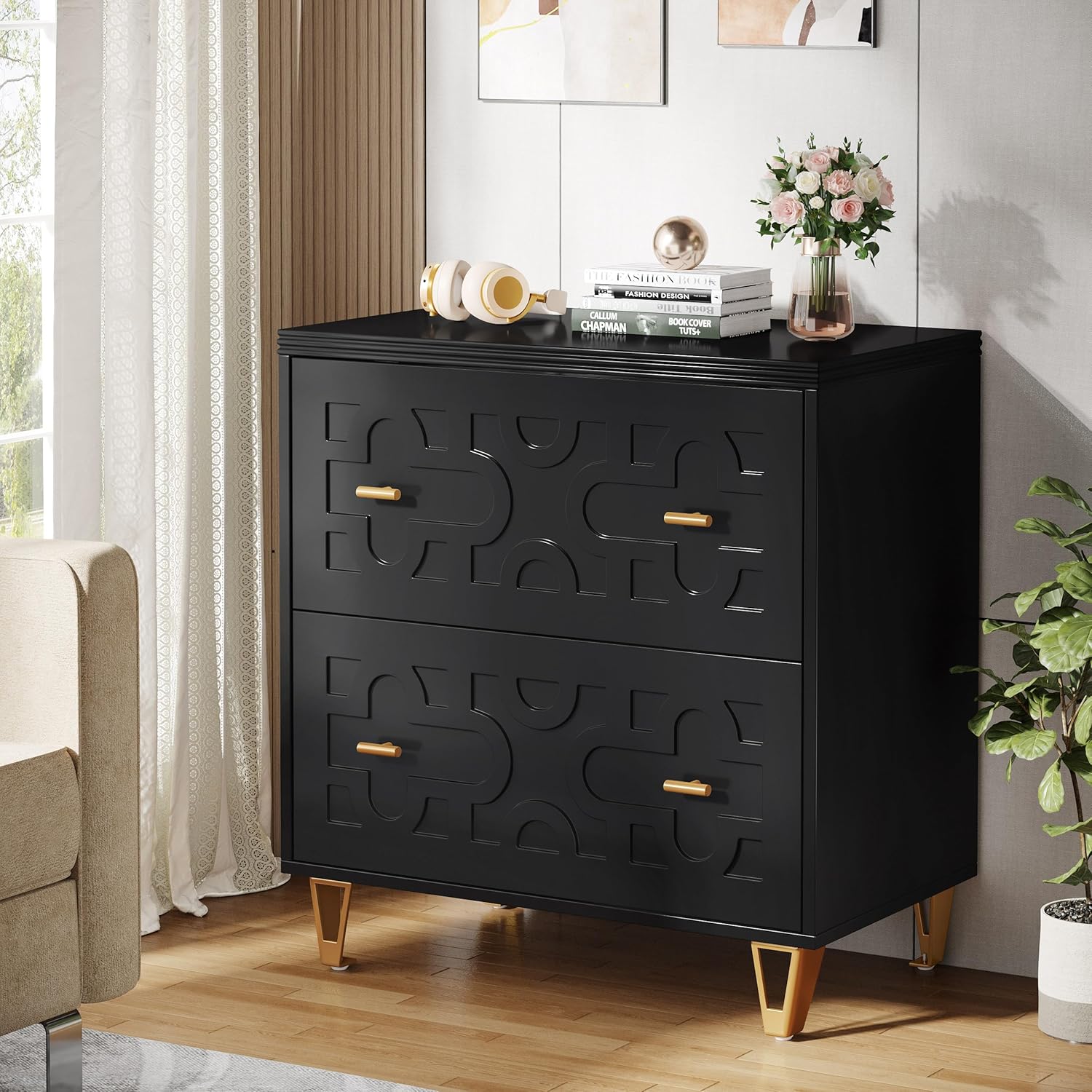 Tribesigns Black and Gold 2 Drawers 31.5 inch H File Cabinet for Legal Letter A4 Size for Home Office Living Room Bedroom