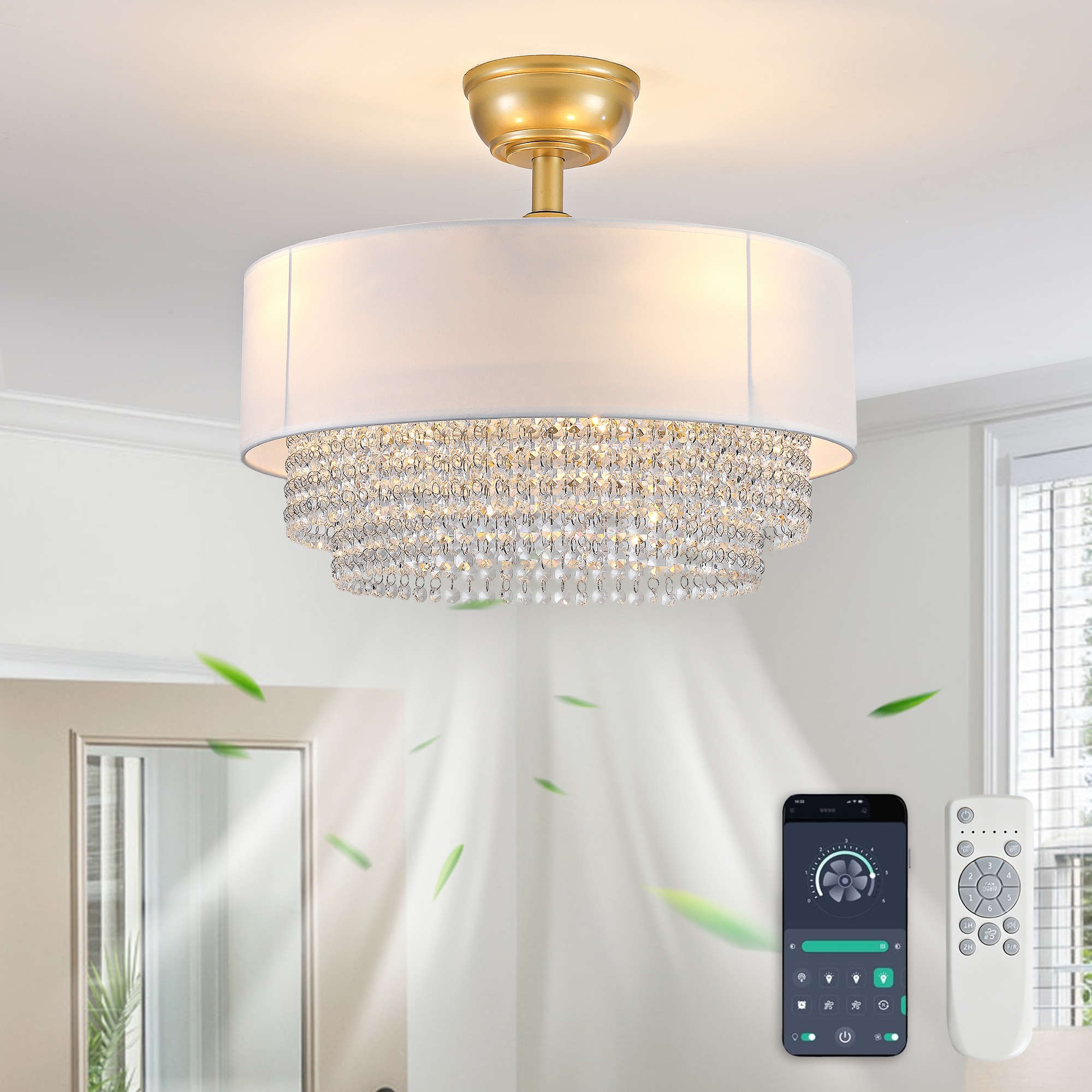 YOTOO 19.7 Inch Crystal Fabric Ceiling Fan with Light 4 E26 Sockets No Bulb Included Transparent ABS Blades 6 Speed Reversible DC Motor Remote and Bluetooth App Control 2 Downrods for Flat and Sloped Ceiling Bedroom Living Room