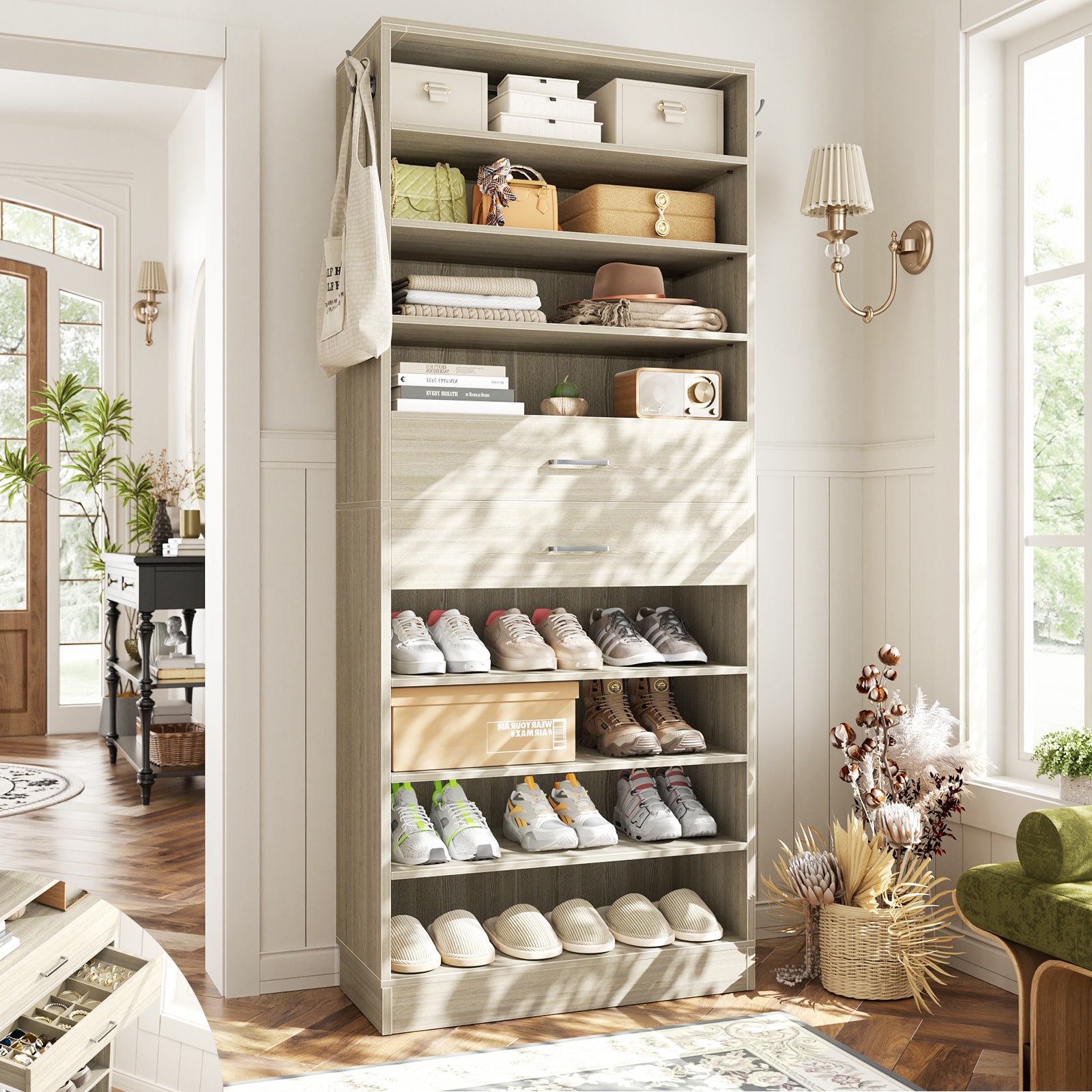 Aheaplus  80-in H 10 Tiers 28 pairs White Oak Shoe Rack Shoe Cabinet with 2 Drawers