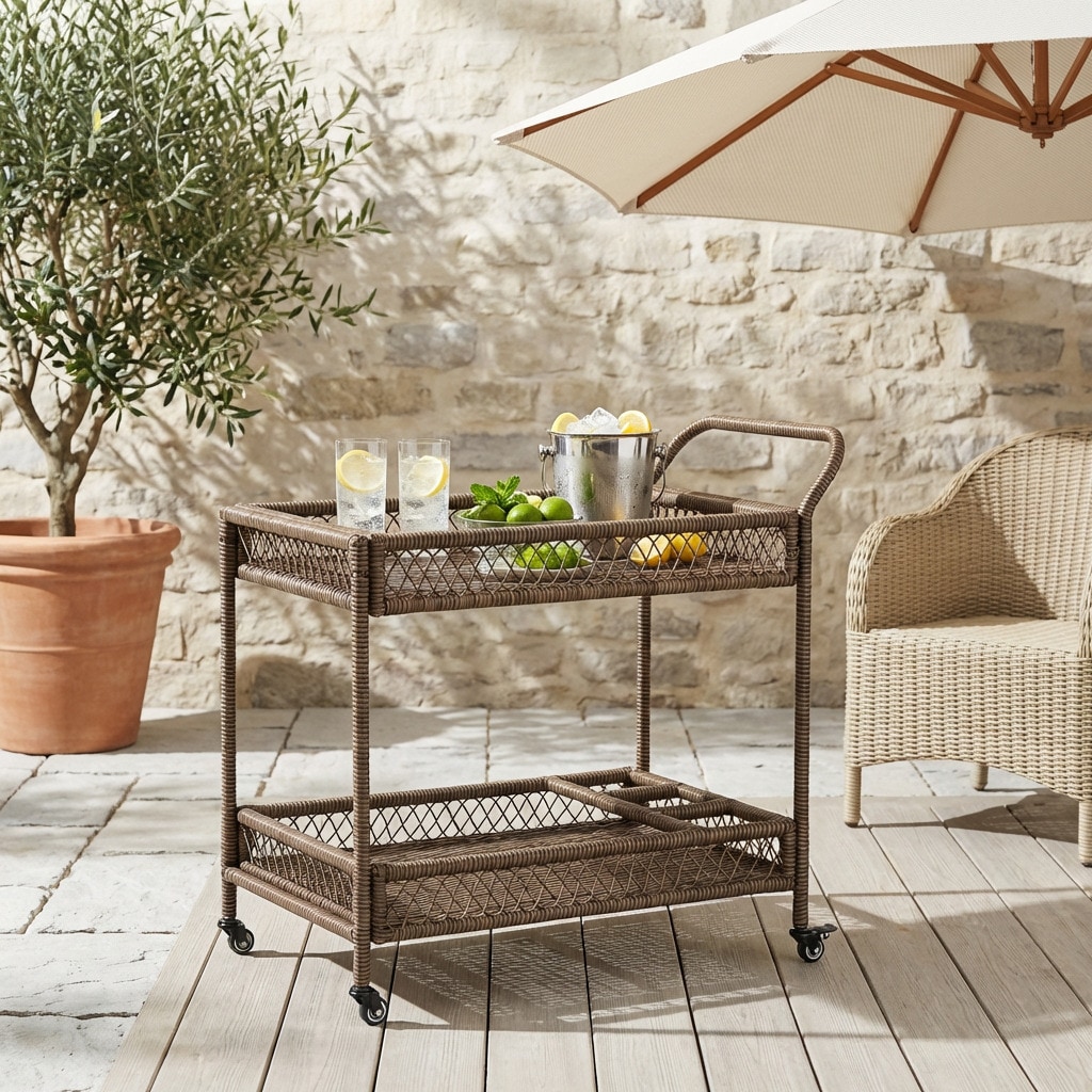 Christopher Knight Home Dark Brown Wicker Outdoor Bar Cart with 2-Tier Shelves with Bottle Organizer and Locking Casters