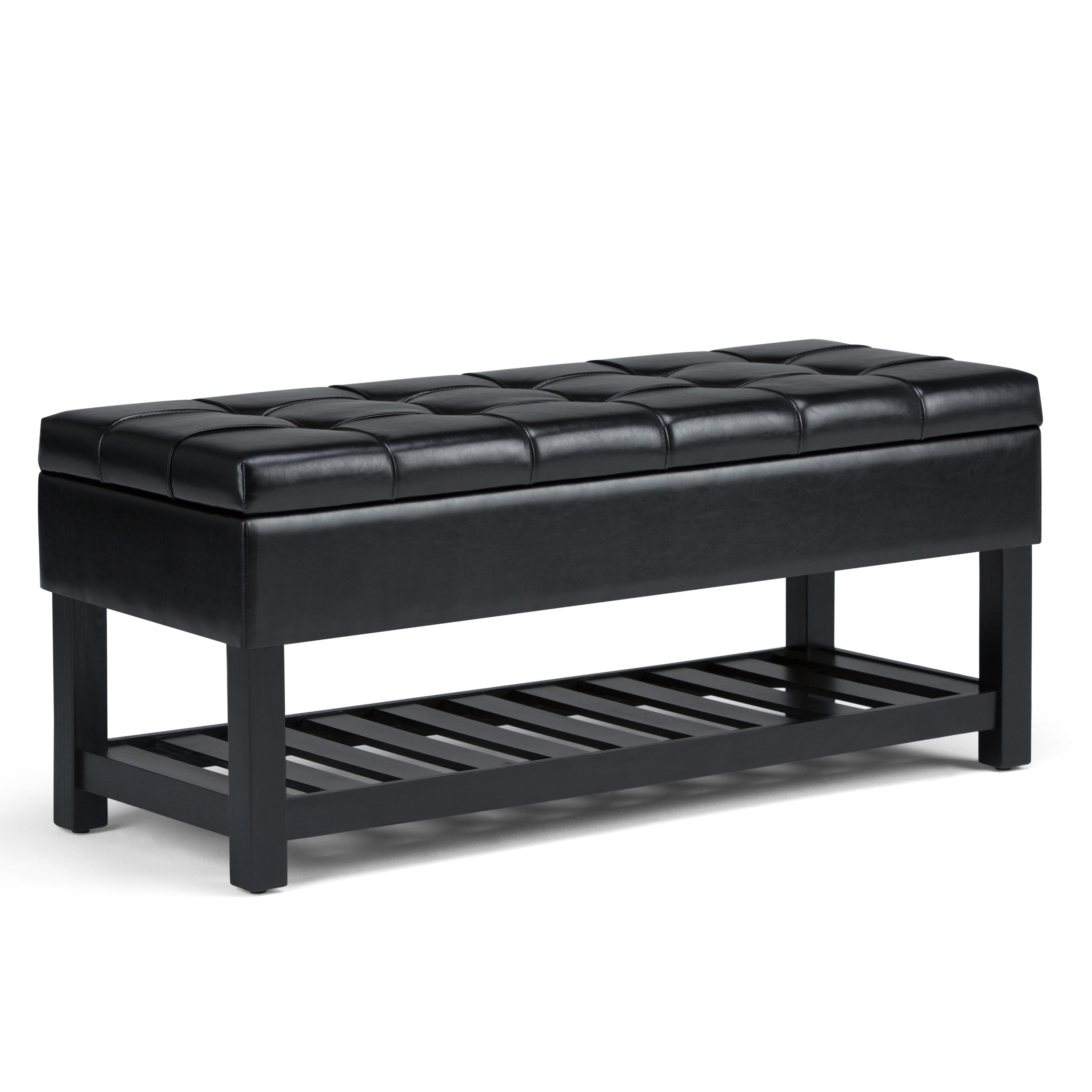 Simpli Home AXCOT-262-BL Saxon Casual Midnight Black Faux Leather Storage Ottoman