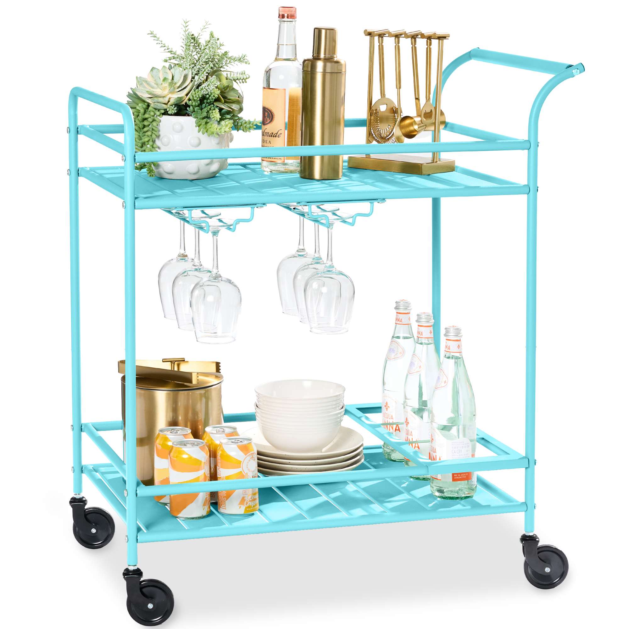 Best Choice Products 2-Tier Rolling Bar Cart Indoor/Outdoor w/ Storage Shelves Wine Rack Lockable Wheels - Teal