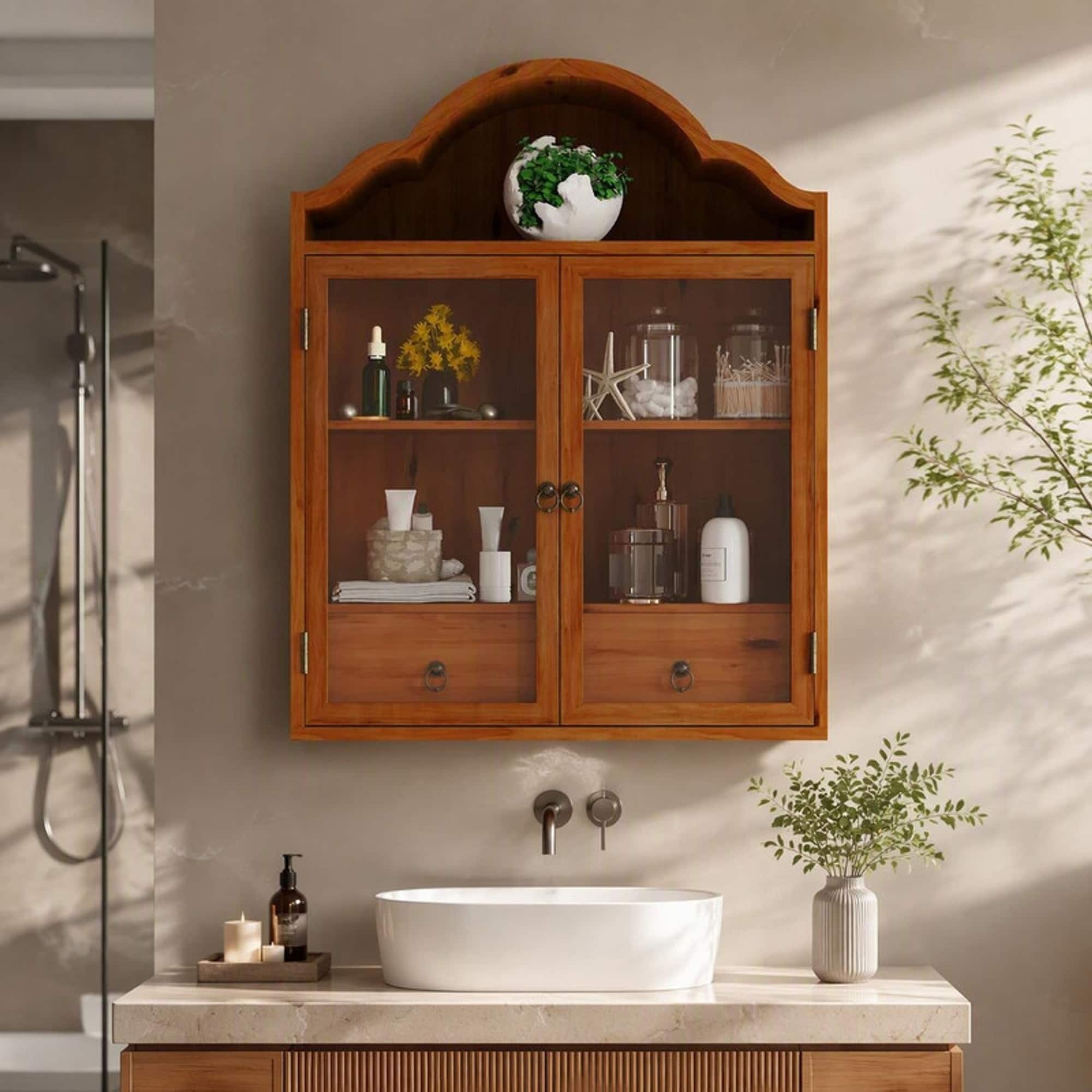 TEINIE - Vintage Rustic Distressed Solid Wood Wall Cabinet with Elegant Wave Top Brown for Kitche...