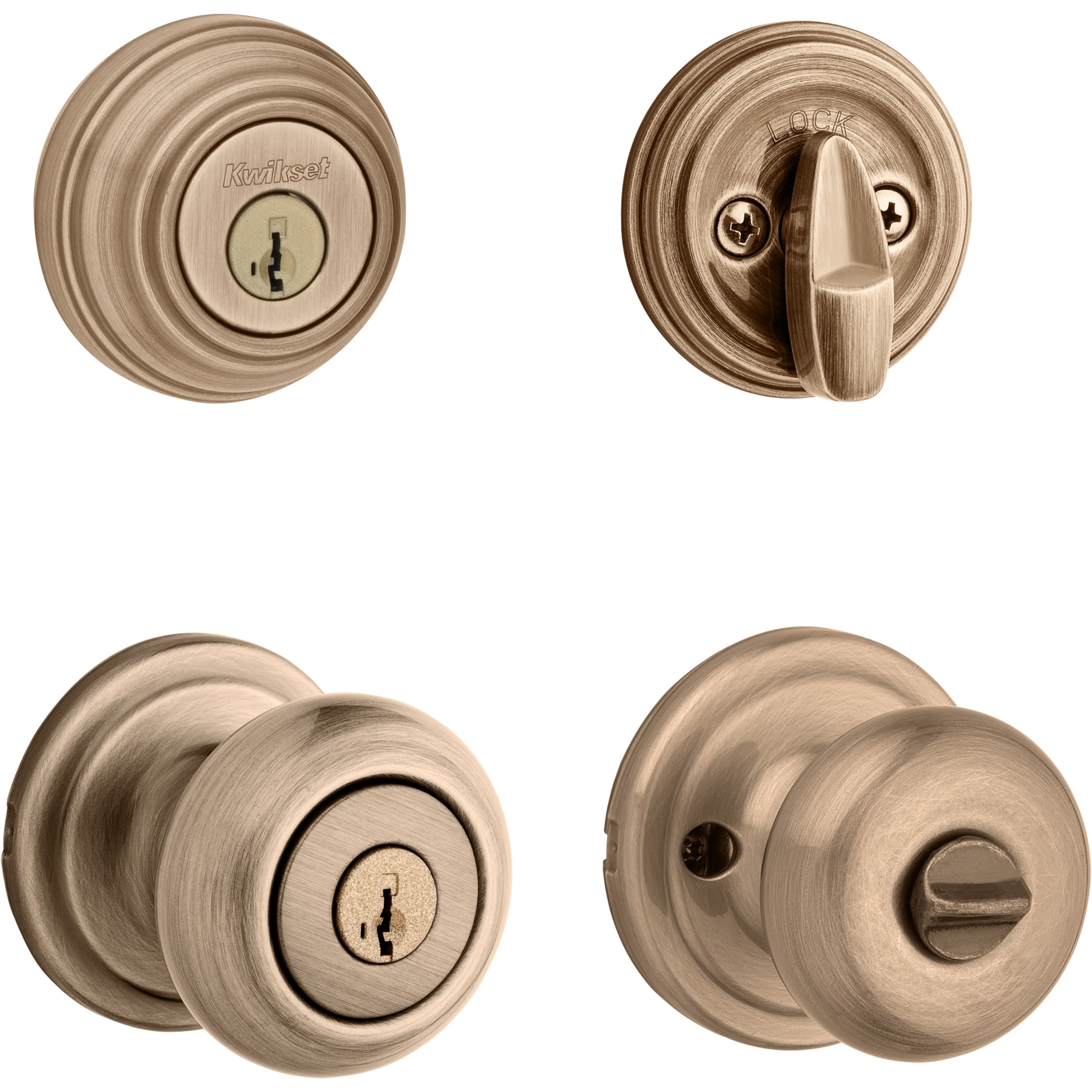 Kwikset Signature Series Signatures Juno Antique Brass Smartkey Exterior  Single-cylinder deadbolt Keyed Entry Door Knob Combo Pack with  Antimicrobial Technology in the Door Knobs department at