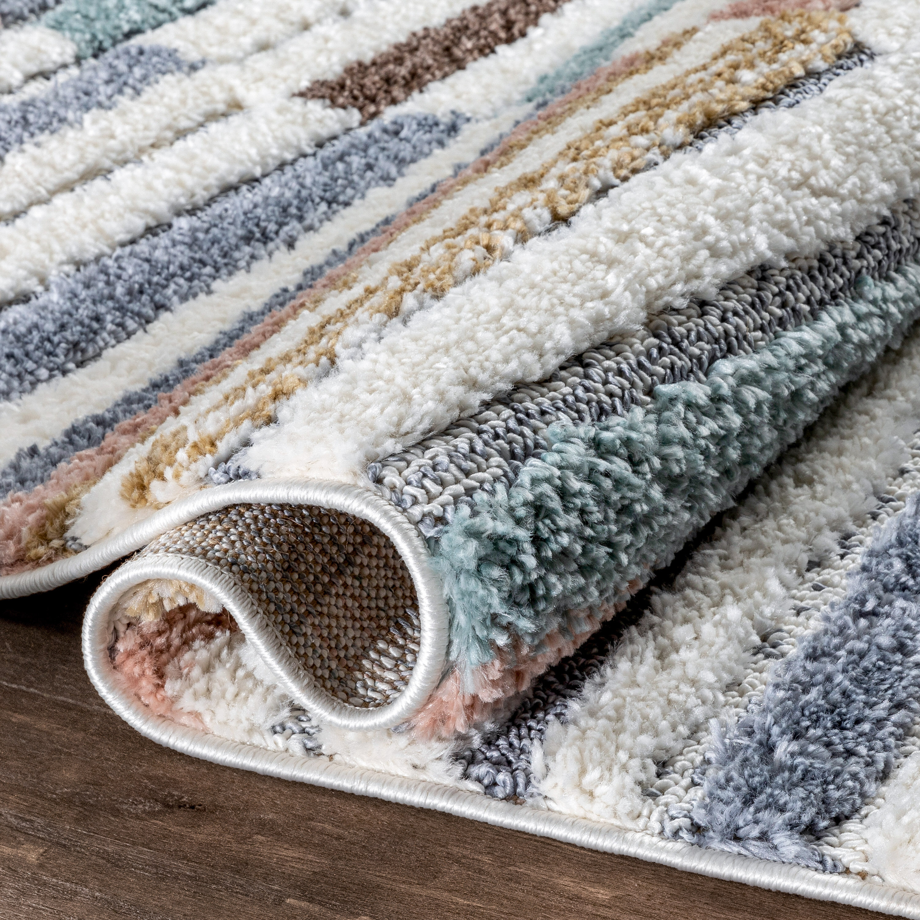 Light Blue Striped Reversible Shag Synthetic Rug 47" x 63"