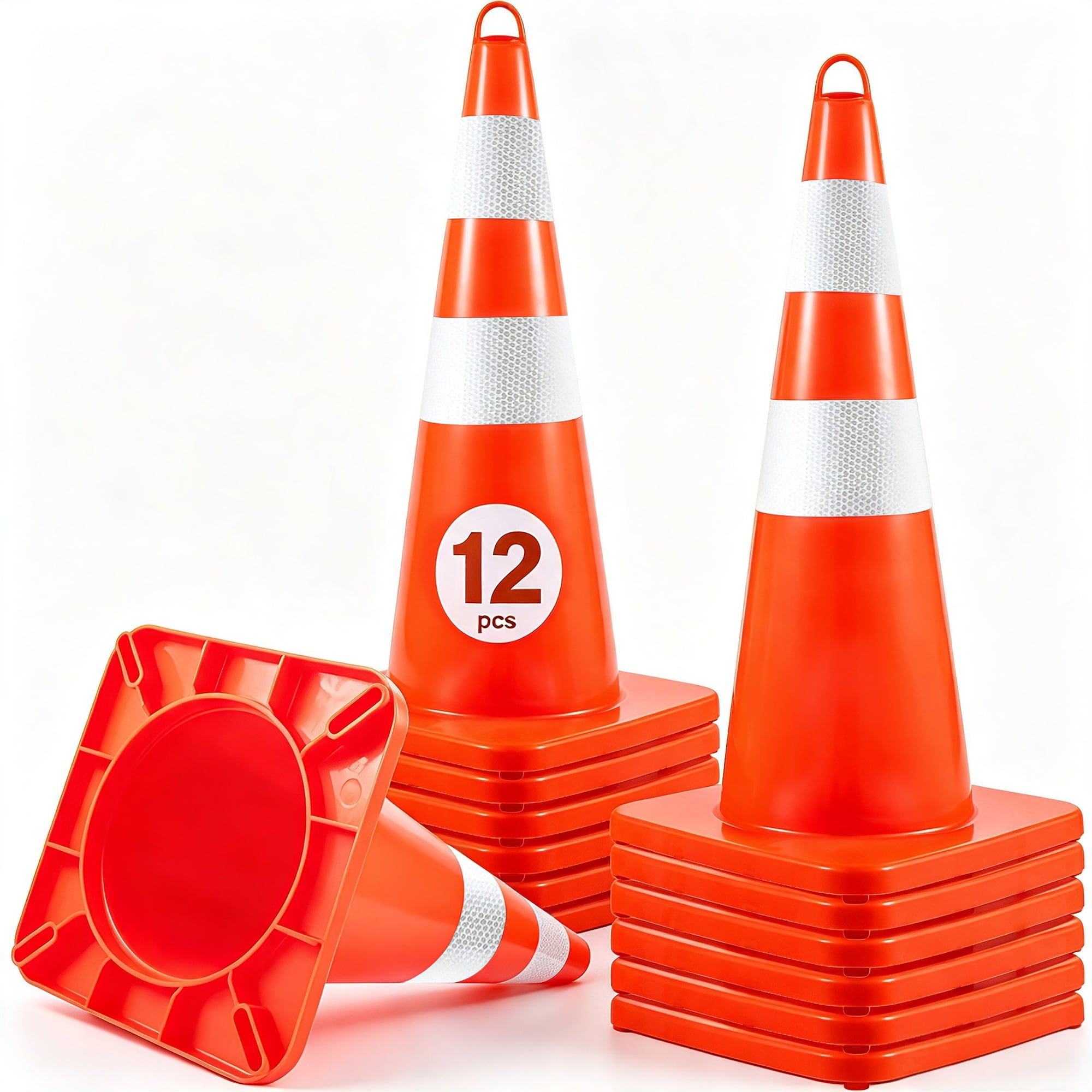 VEVOR Safety Cones  12 x 28in Traffic Cones  PVC Orange Construction Cones  2 Reflective Collars Traffic Cones with Weighted Base and Hand-Held Ring Used for Traffic Control  Driveway Road Parking
