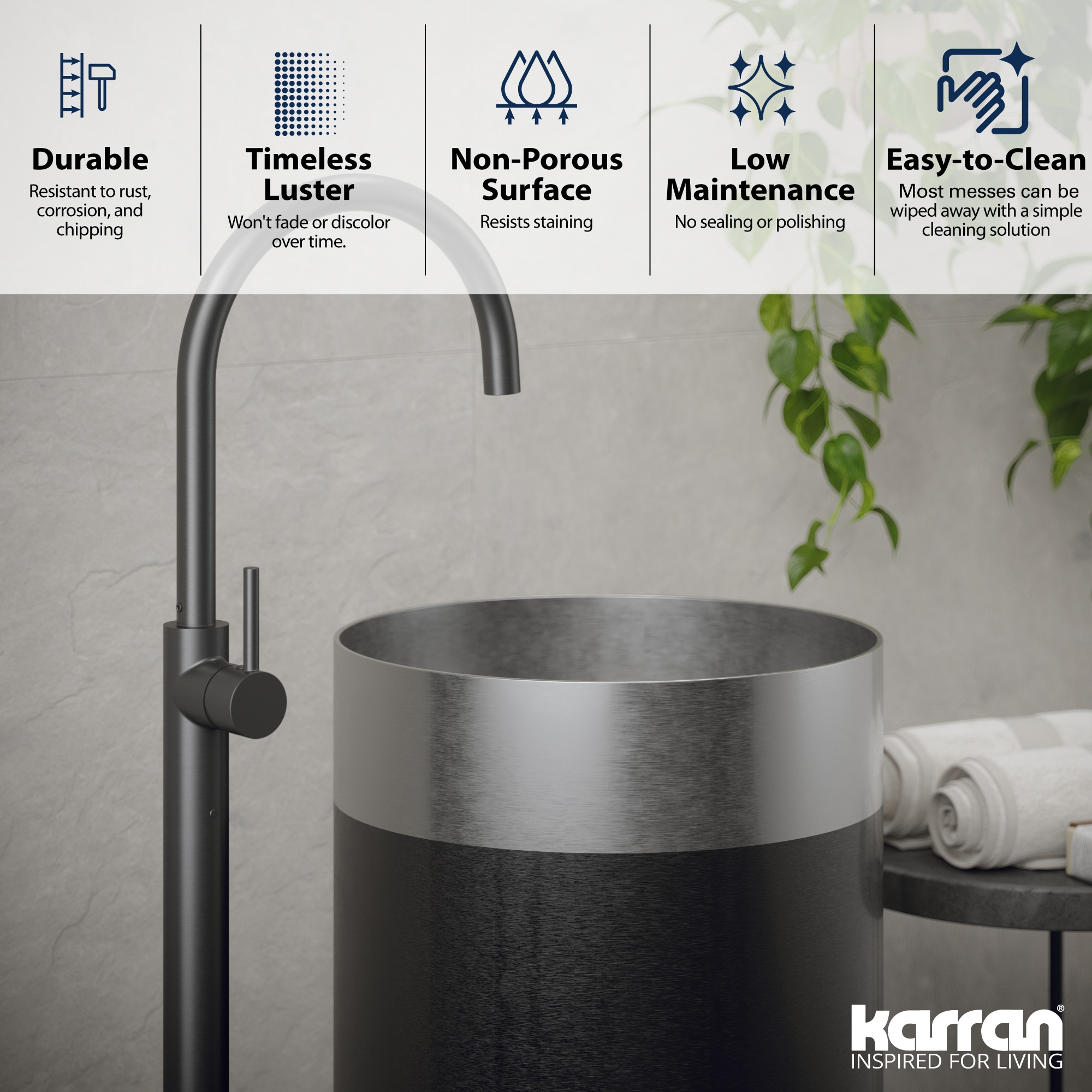 Karran 15'' Stainless Steel and Gunmetal Grey Pedestal Sink