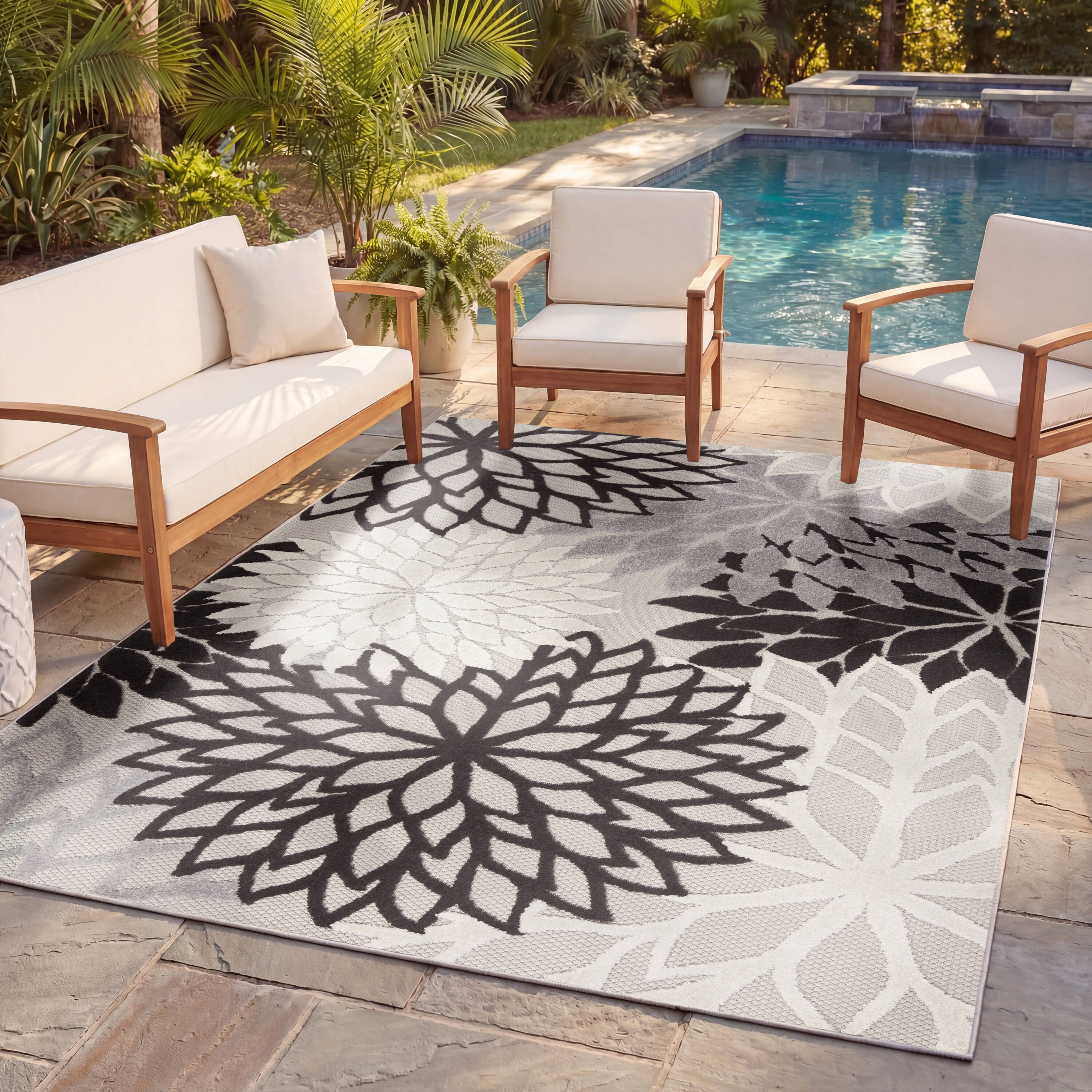 Nourison - Aloha 5 x 7 (ft) Loomed Polypropylene Black White Rectangular Indoor/Outdoor Floral/Bo...