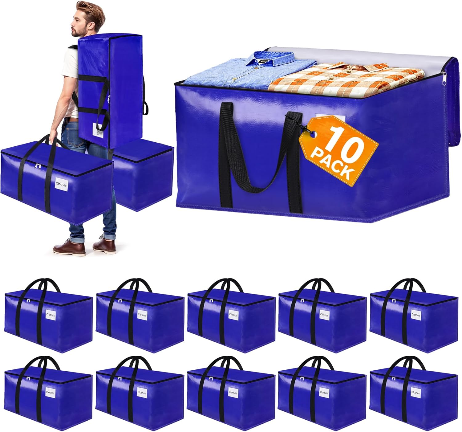 Fabspace 10 Packs 125L Blue Heavy Duty Moving Bags with Backpack Straps and Carry Handles 30 Gallon Extra Large Storage Totes for College Dorm Essentials Travel and Camping Waterproof Collapsible Packing Bags with Tag Pocket