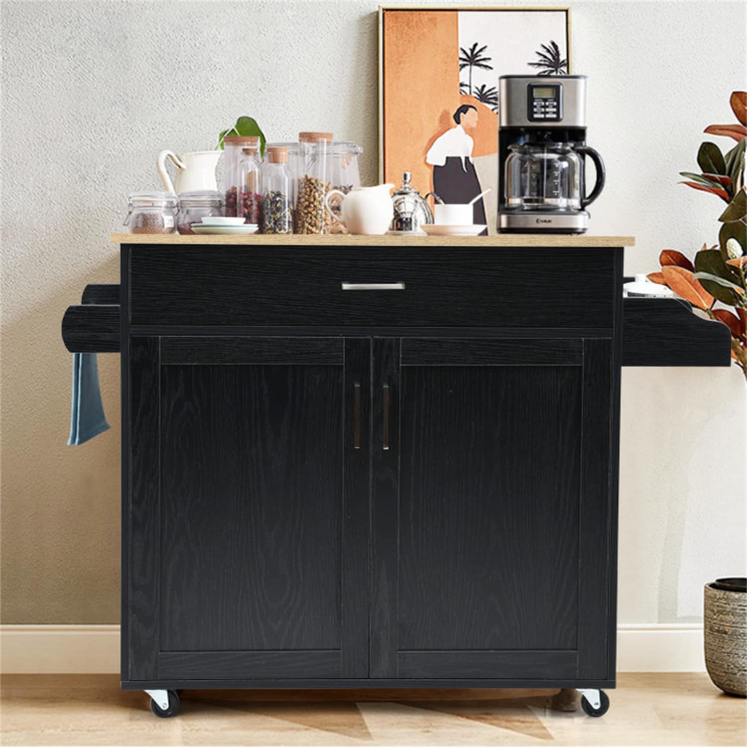 BABOOM BOM-51983BK-CO Black MDF Base with Wood Wood Top Rolling Kitchen Island ( 16-Inches x 45.5-Inches x 33.5-Inches )