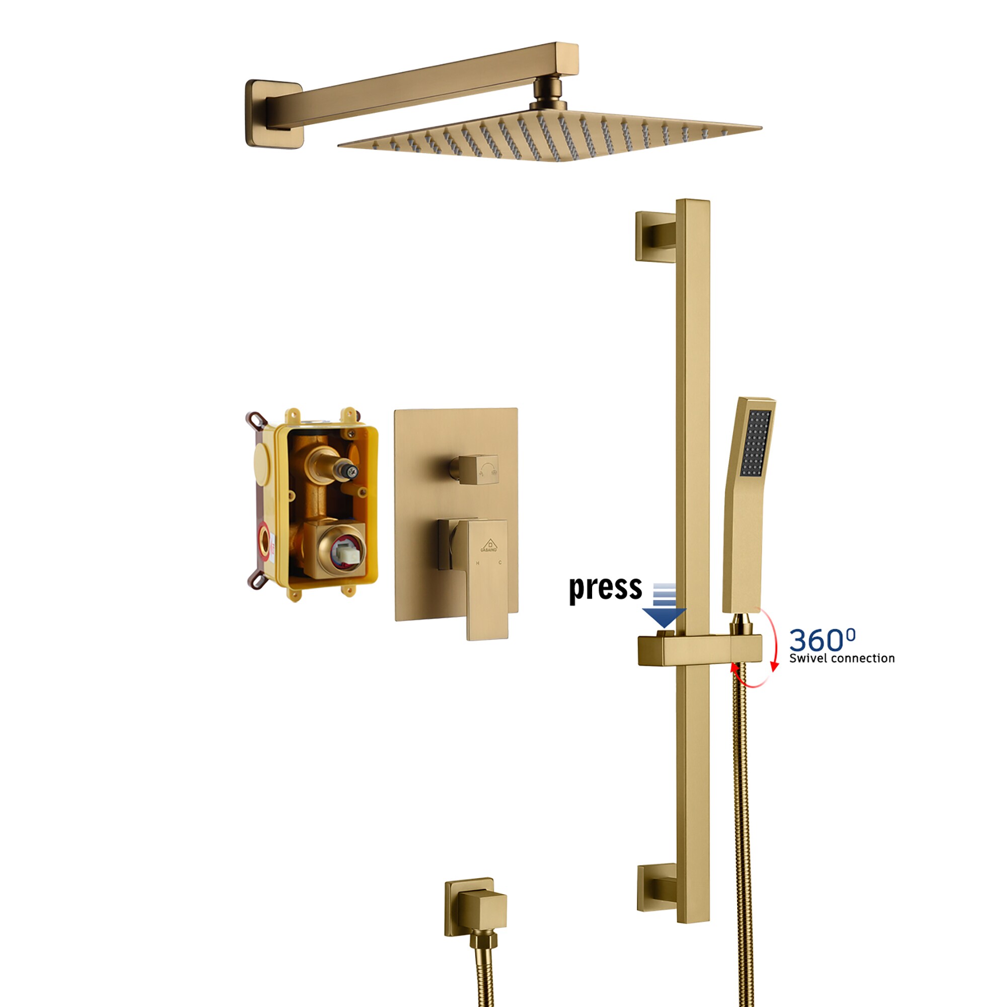 CASAINC M6628-A-10-BG Brush Gold 10-Inches Built-In Shower Faucet System with 2-way Diverter ( Pressure-balanced Valve Included )