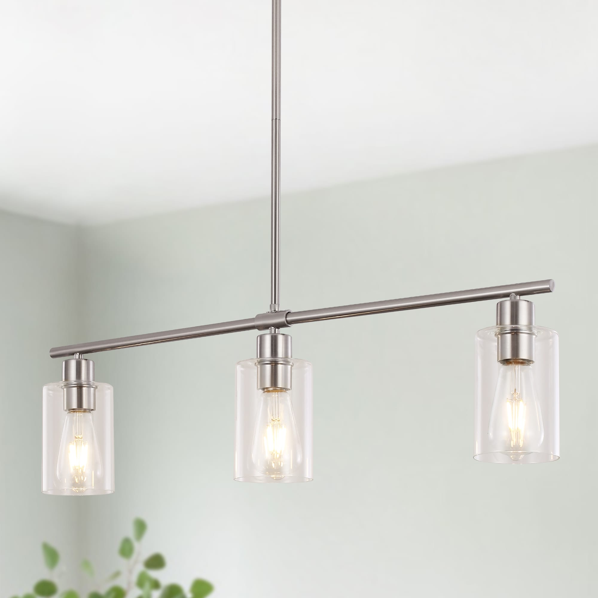 Zjvaive 3-Light 31inch Modern Nickel Chandelier Linear Pendant Hanging Pendant Light for Multiple Spaces With Clear Glass Shade