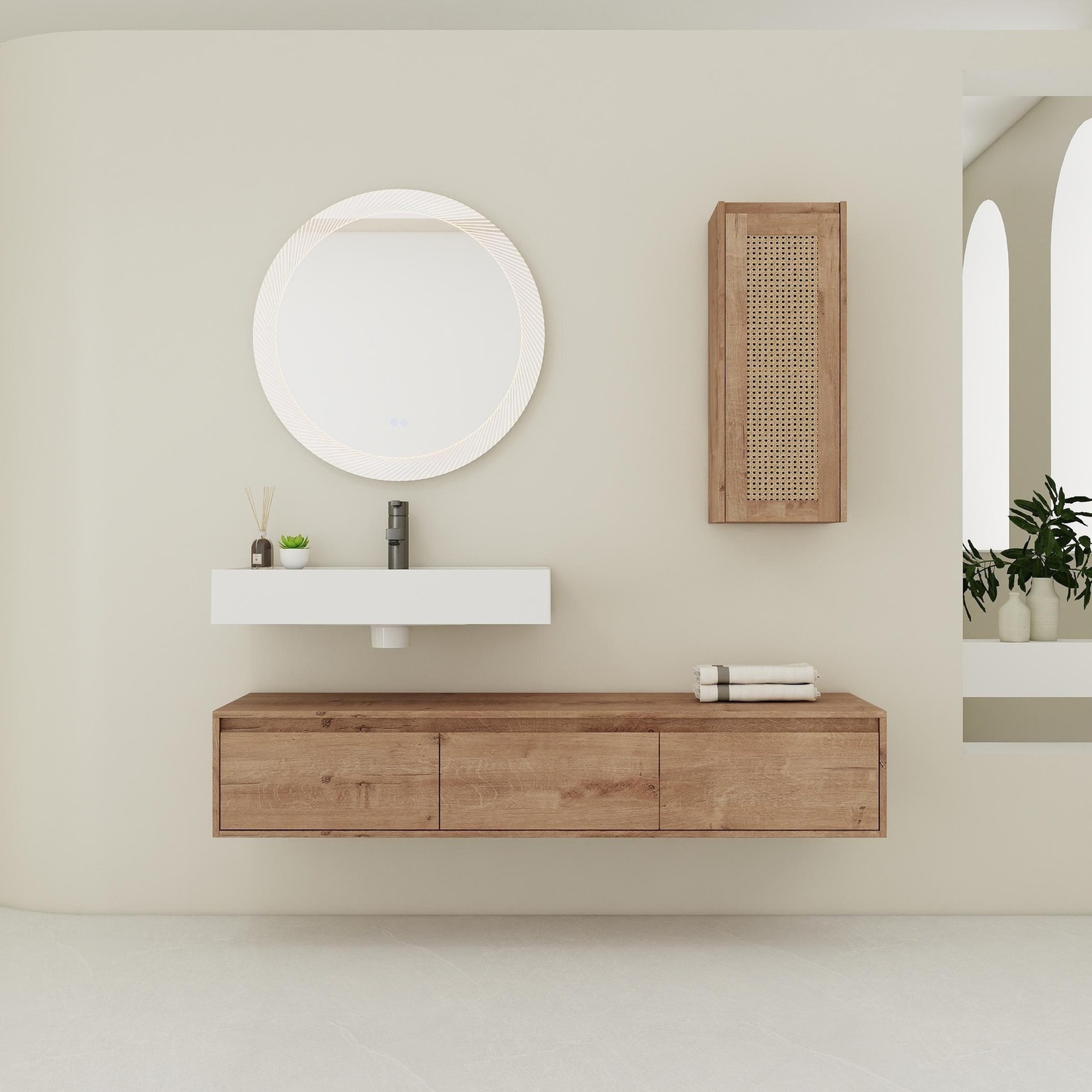 IAK 60 inch Imitative Oak Plywood Wall-Mounted Bathroom Vanity with Resin Sink and Side Cabinet with 3 Soft Close Drawers and Float Mounting Design