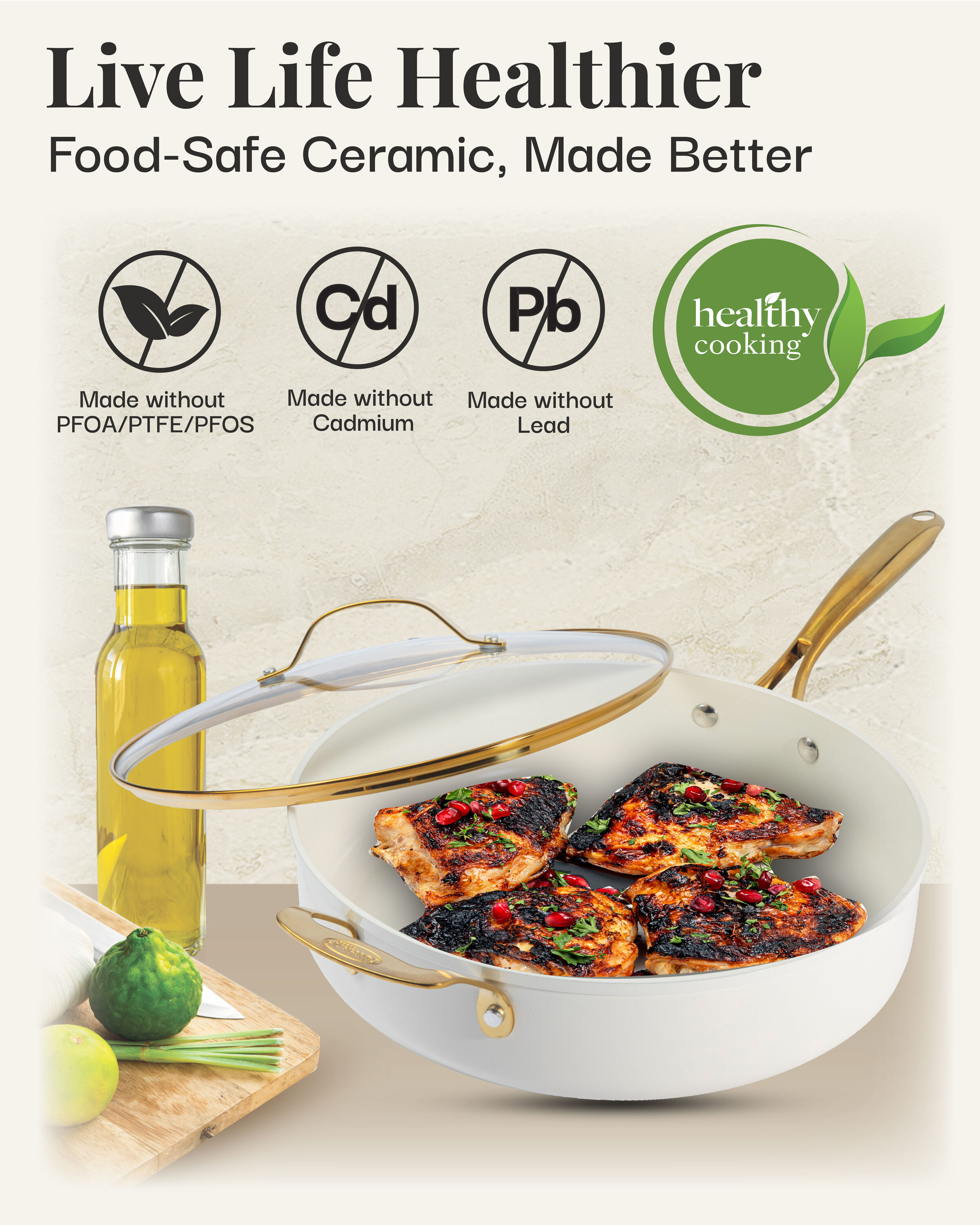 Cream 5.5 Qt Nonstick Ceramic Jumbo Cooker with Gold Handles