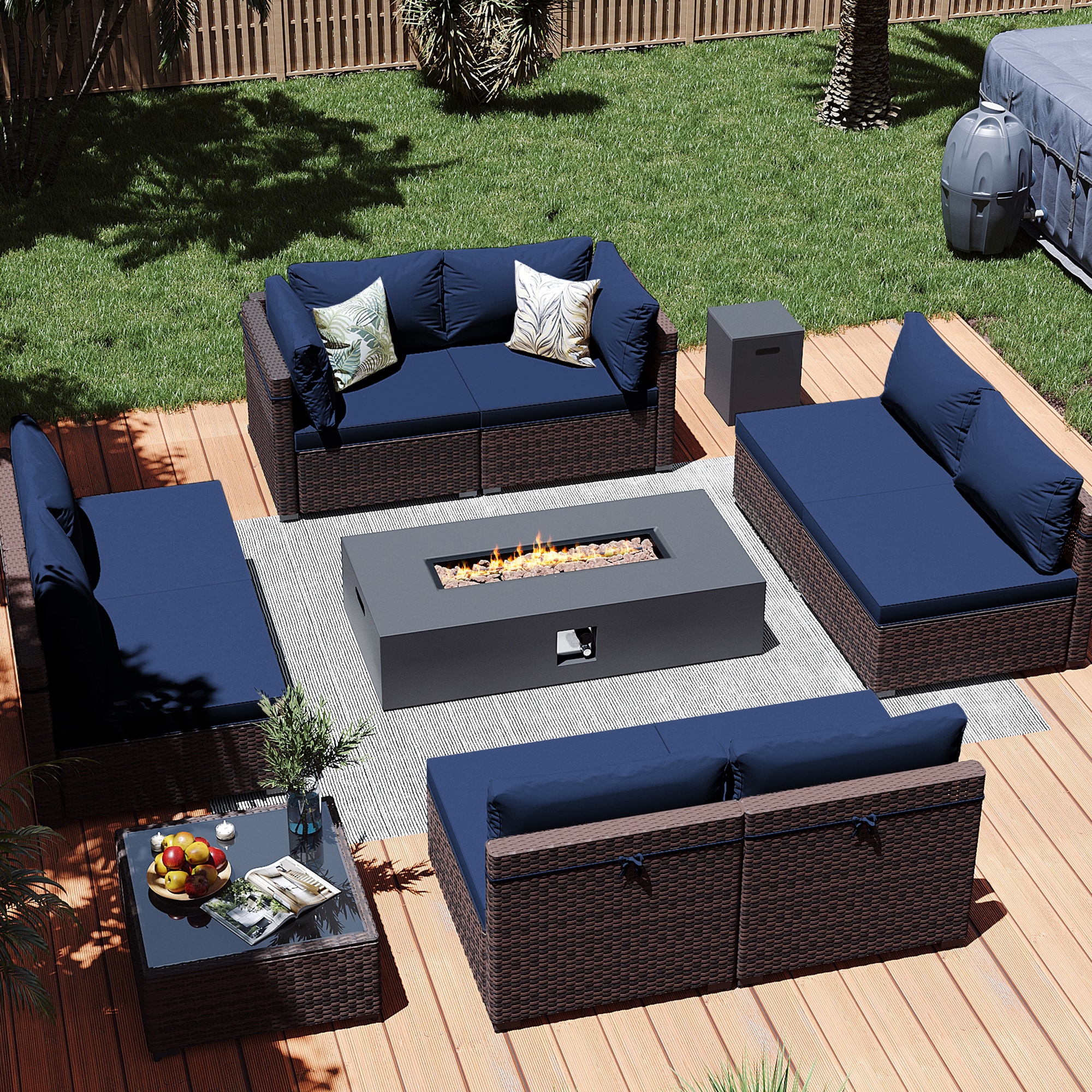 Patio Watcher LS-RT9-KD56DK-B2 10 -Piece Rattan Patio Conversation Set with Blue Cushions