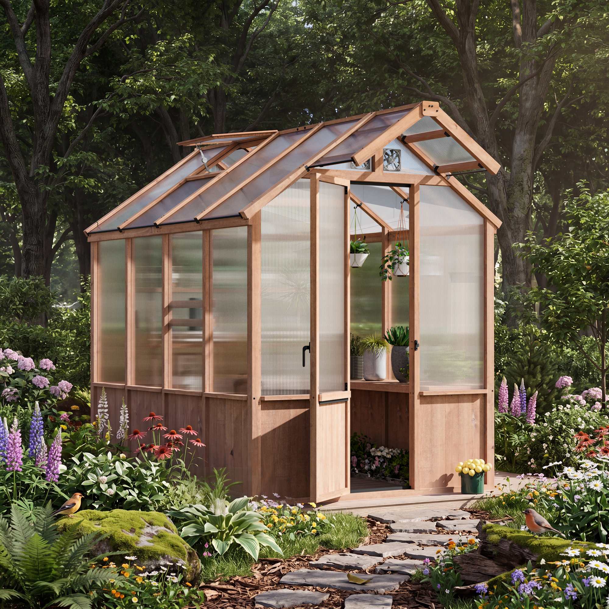 Modern Shade 8 ft L x 6.5 ft W x 8 ft H Cedar Wood Greenhouse Kit with Built In Shelving Outdoor Faucet Power Strip and Ventilation System