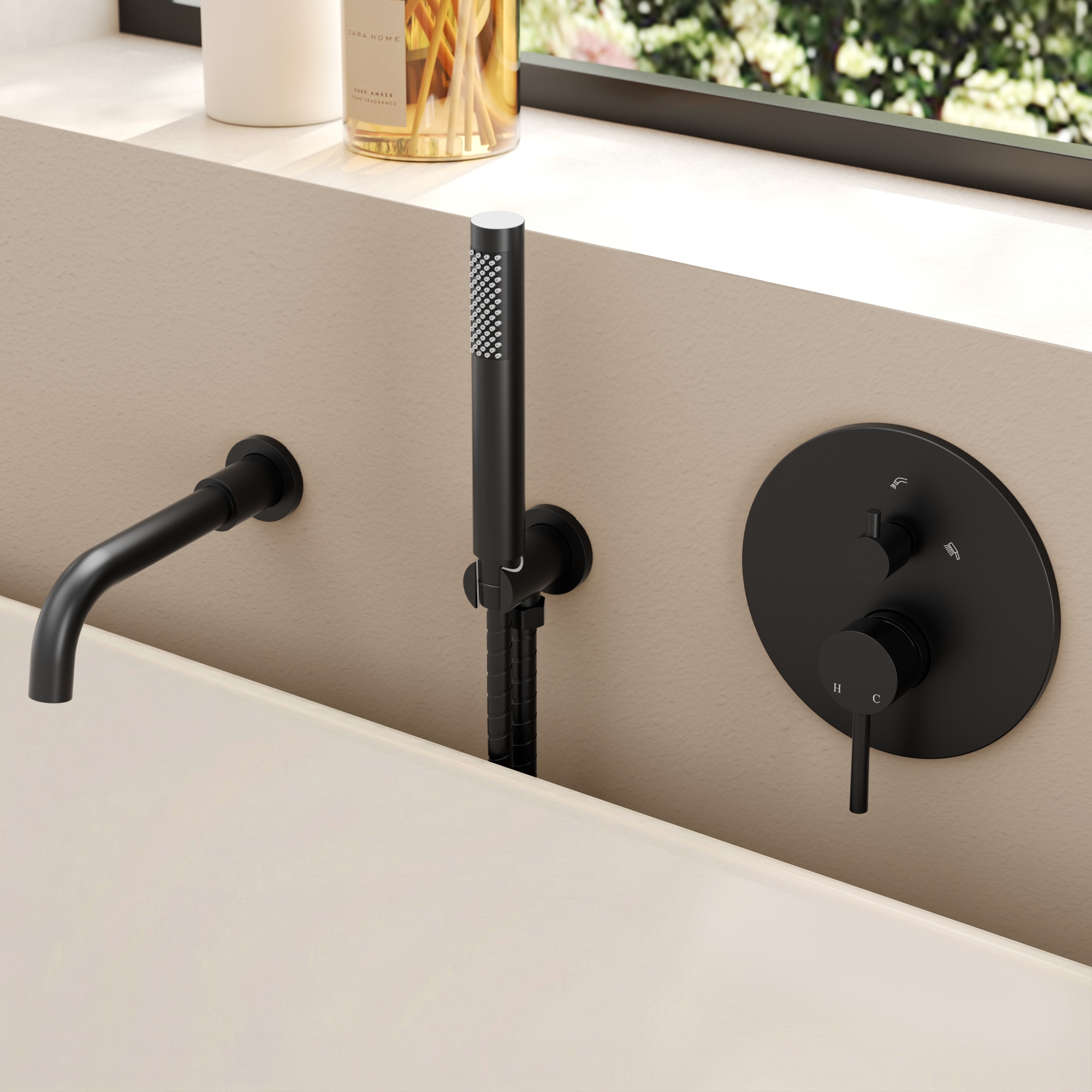 YAWWALK 1 Handle Wall Mount Bathtub Faucet with Pressure Balance Valve and 60 Inch Hand Shower for Safer Temperature Control in Matte Black