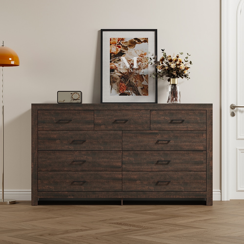 Famapy  9-Drawer Dresser with Black Handles and Elevated Base 63''L x 15.7''W x 35.4''H Deep Brown Wood Grain