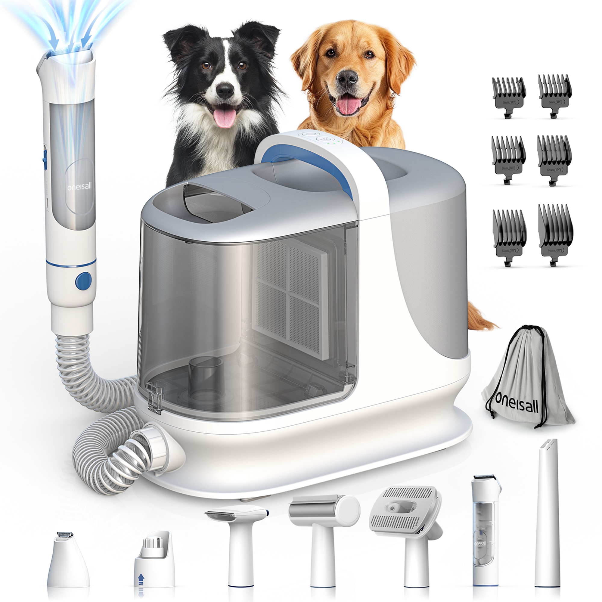 oneisall Professional Pet Grooming Vacuum Kit 7 in 1 with 13000Pa Suction 3L Dust Cup 7 Tools Clippers Brush 3 Suction Levels for Dog and Cat