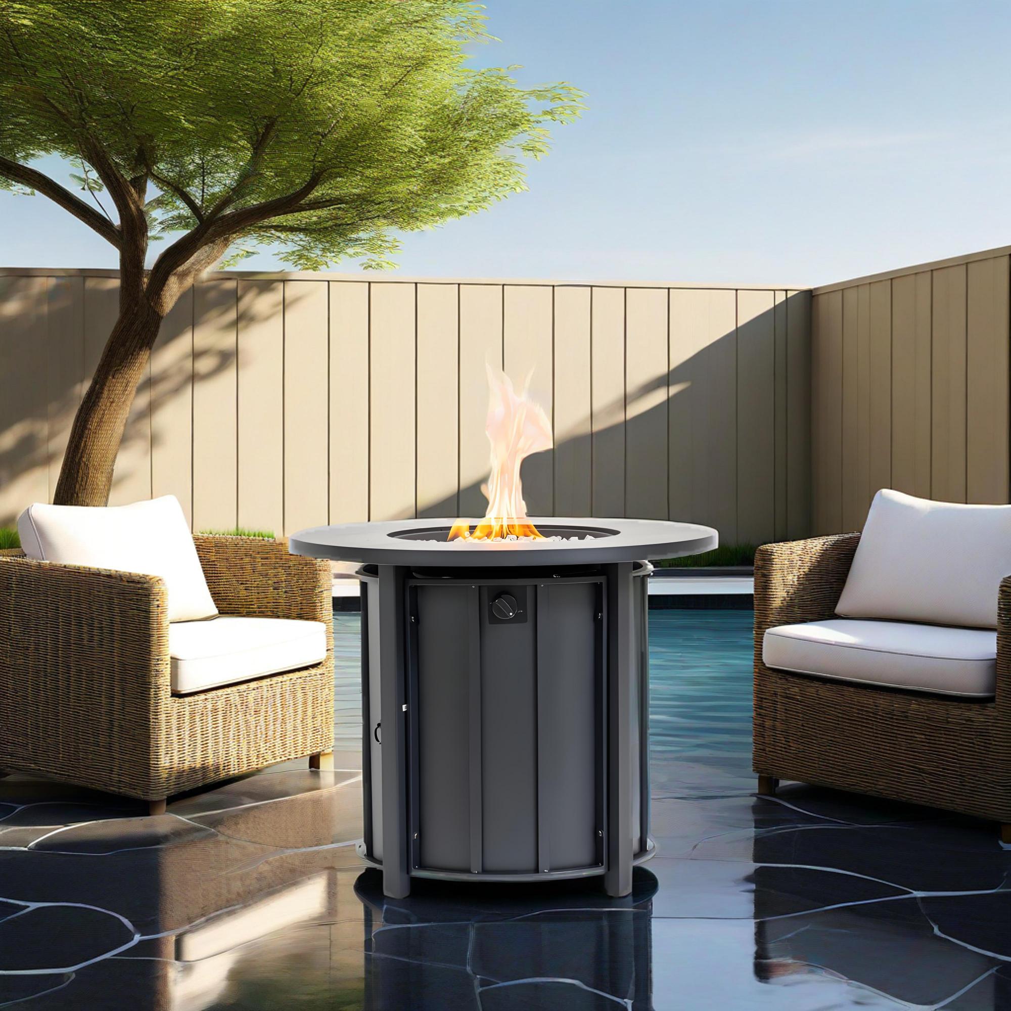 GDFStudio 338122 30-Inch Propane Gas Fire Pit Table 50000 BTU Round Steel Fire Pit with Wood Grain Ceramic Tabletop for Outside Patio Deck Garden Backyard Black-Black Brown