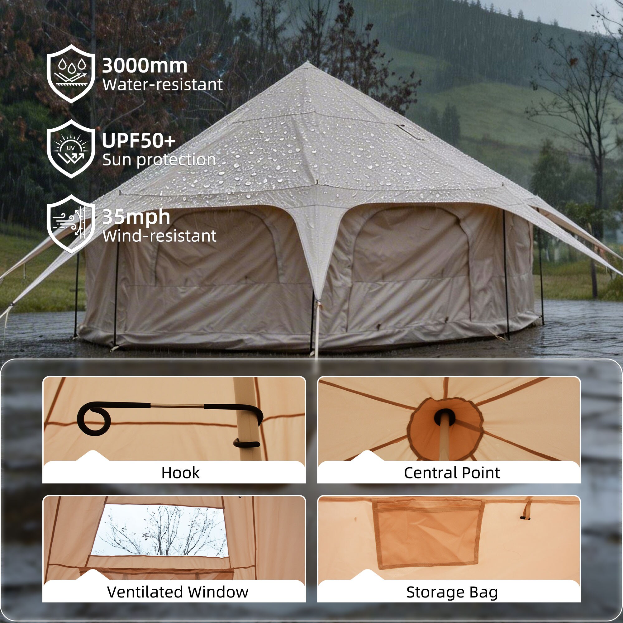 Wooakway 600D Oxford Bell Tent 14.8ft x 9.2ft with Stove Jack for