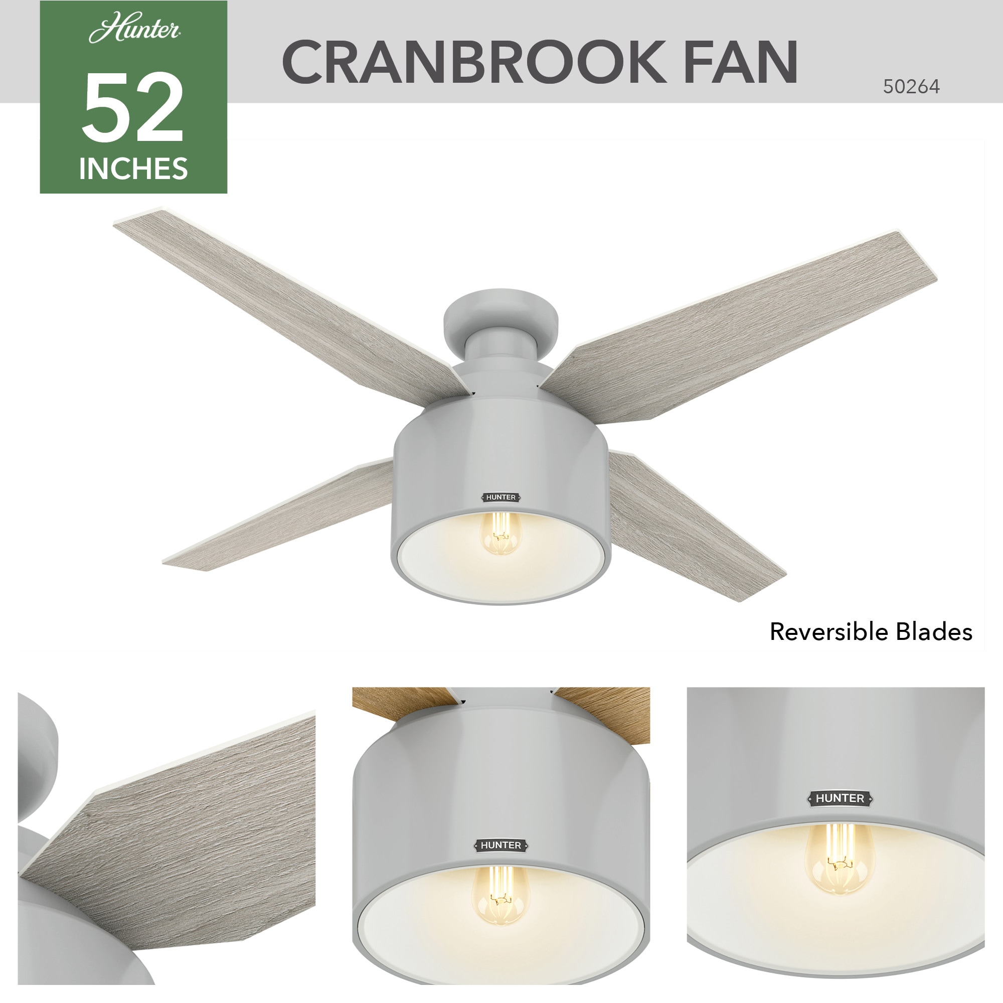 Hunter Cranbrook 52-in Dove Grey LED Indoor Flush Mount Ceiling Fan ...