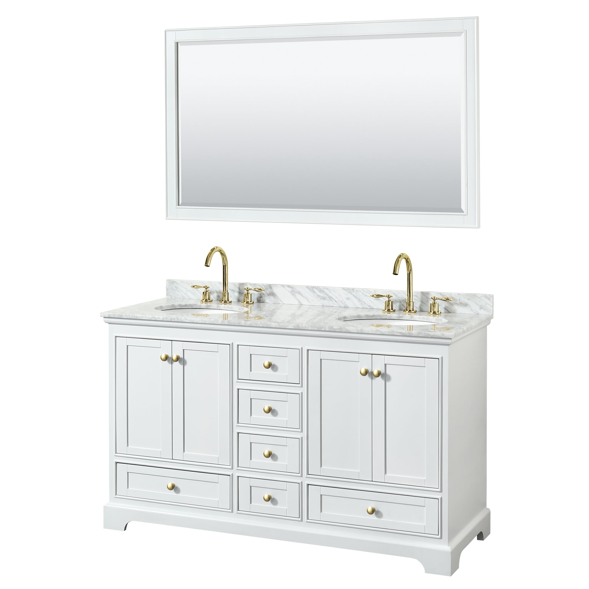 Wyndham Collection WCS202060DWGCMUNOM58 Deborah 60-in White with Brushed Gold Trim Undermount Double sink Bathroom Vanity with White Carrara Marble Marble Top (Mirror Included)