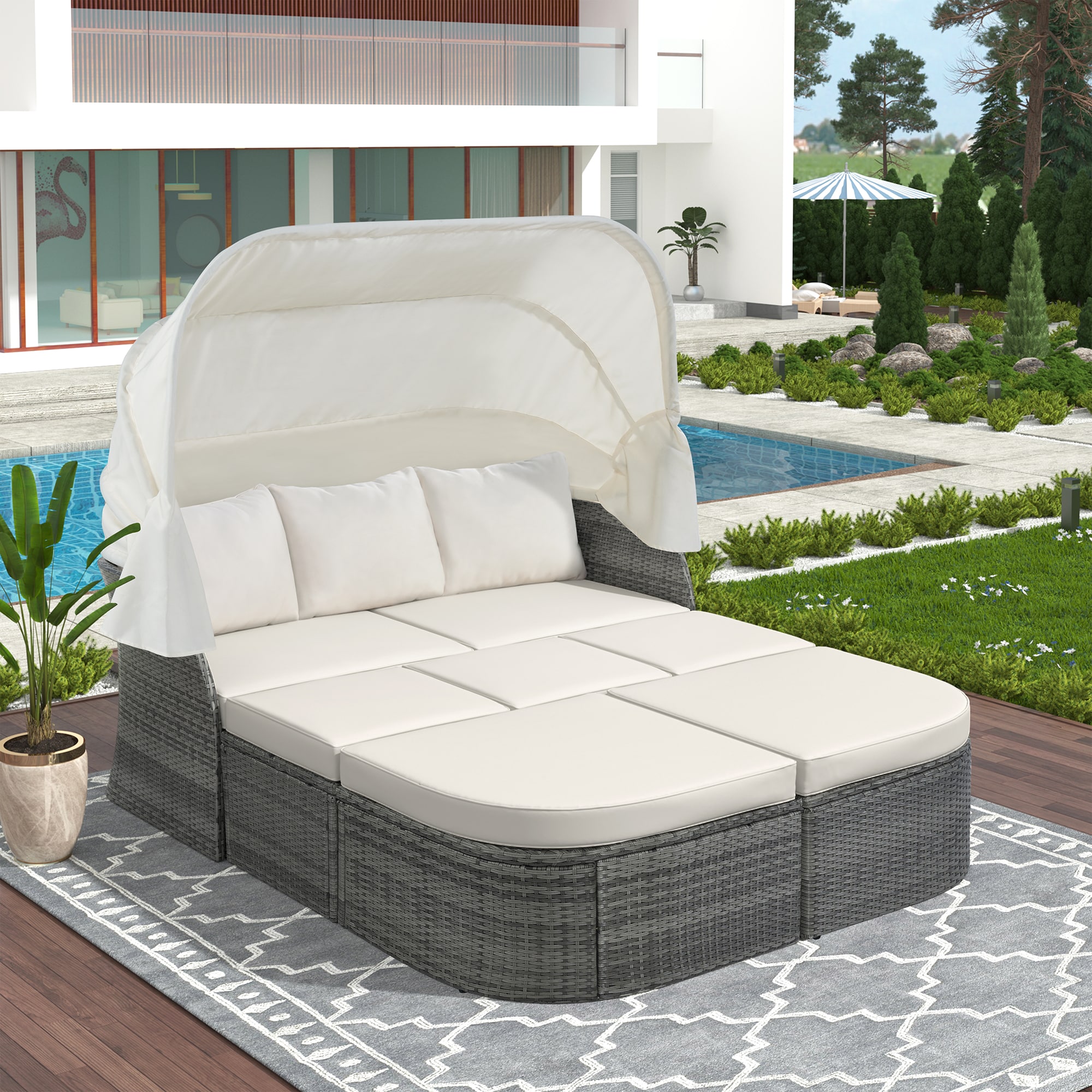ModernLuxe L-WY000281AAK Outdoor Patio Furniture Set Daybed Sunbed with Canopy Rattan Outdoor Daybed with Beige Cushions and Steel Frame
