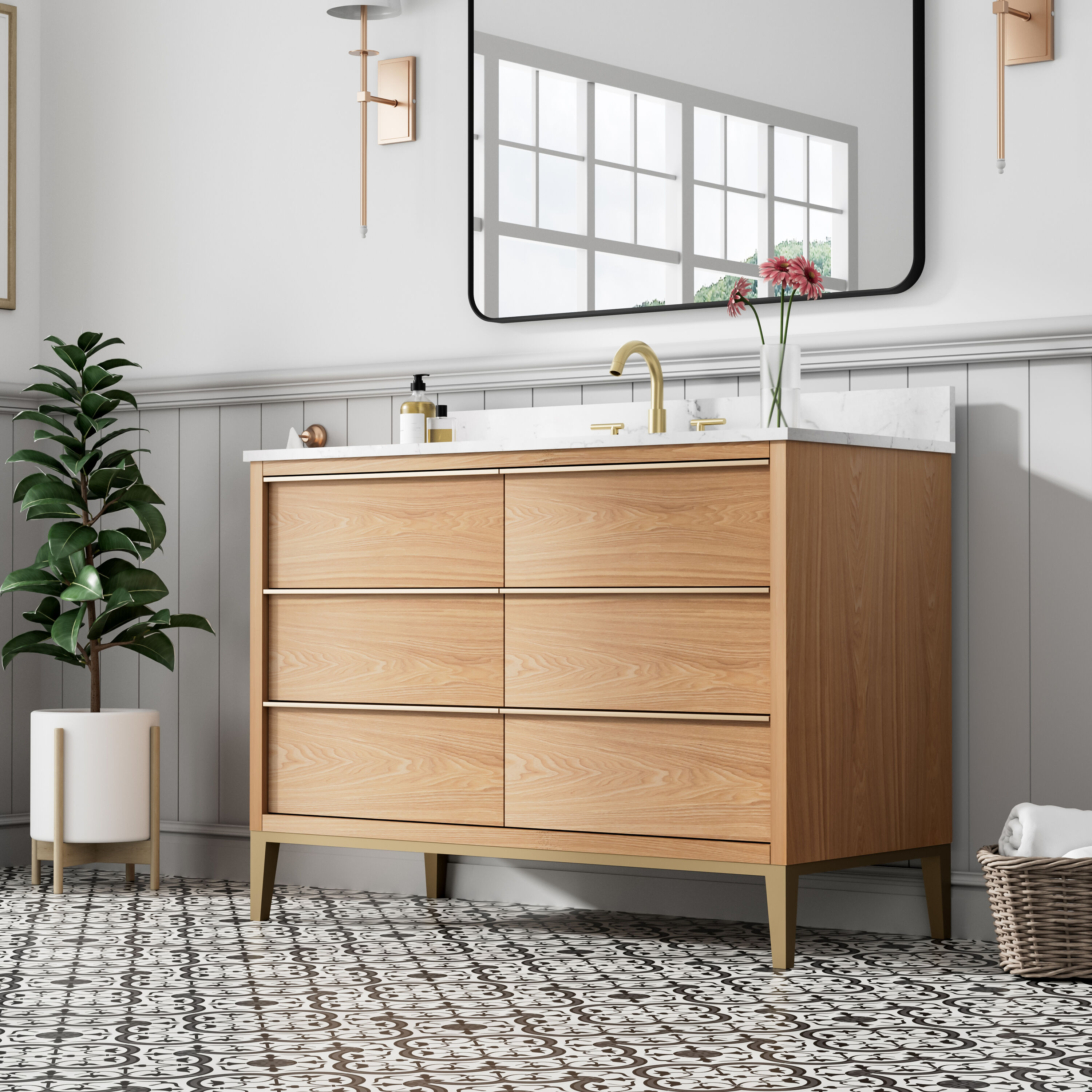 Forclover Solid Wood Undermount Sink Bathroom Vanity with Carrera White Quartz Top
