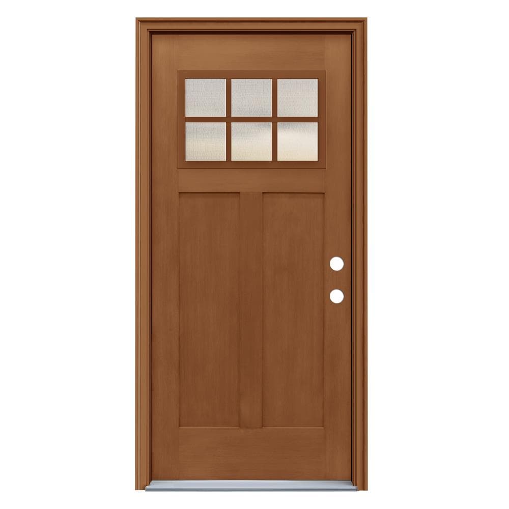 JELD-WEN LOWOLJW232200011 36-in x 80-in x 4-9/16-in Fiberglass Craftsman Left-hand inswing Hazelnut Stained Prehung Front Door with Brickmould Insulating core