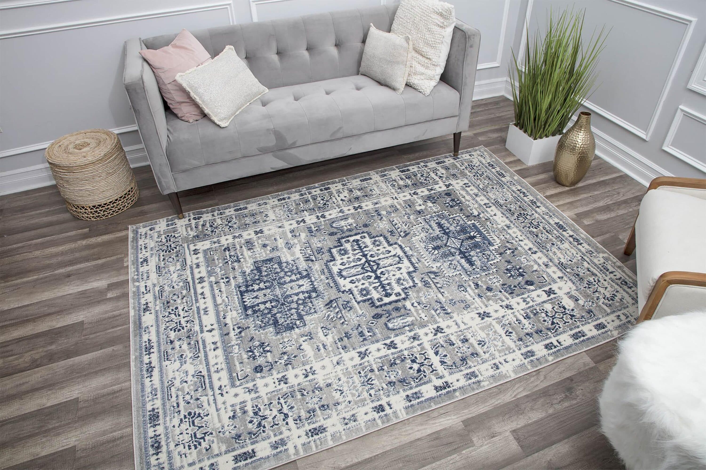 Gray and Navy Floral Synthetic Area Rug, 5'3" x 7'