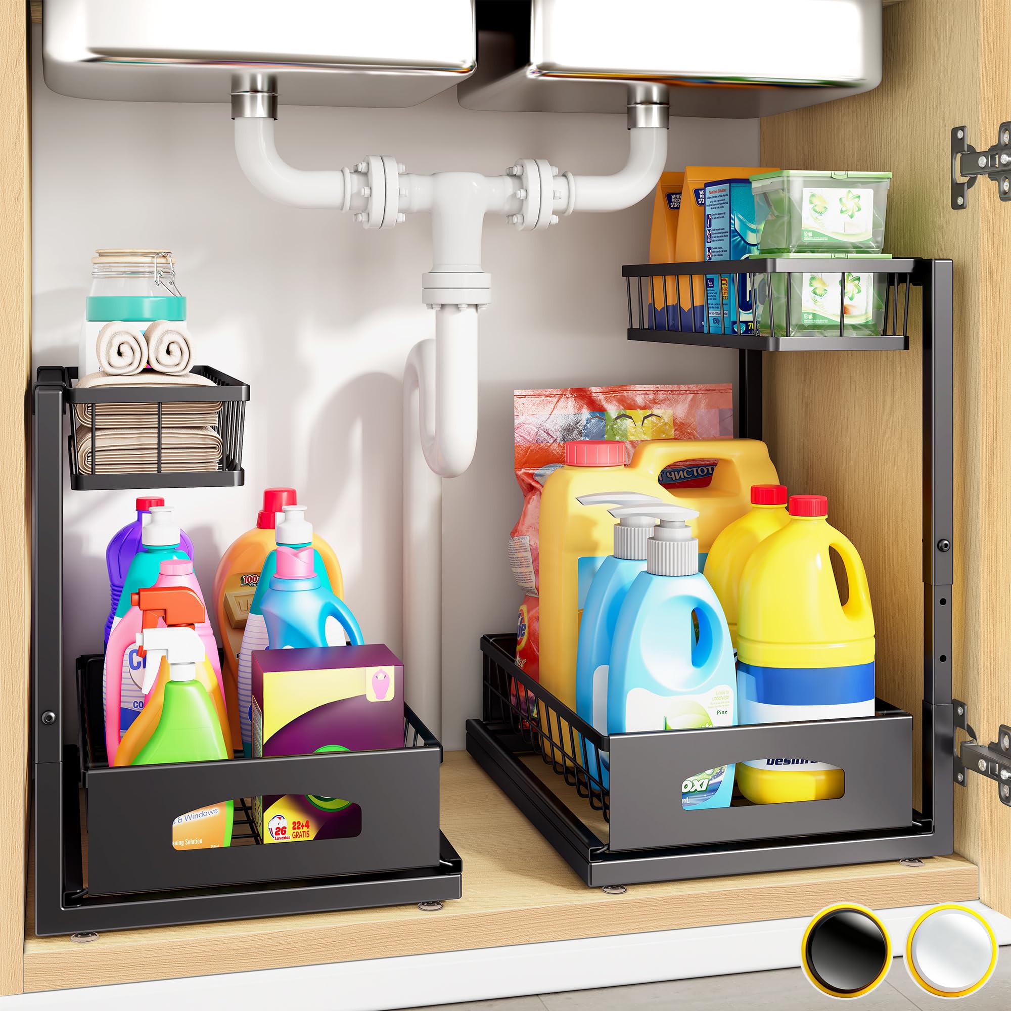 UUDULY  Under Sink Organizer 2 pack Height Adjustable Pull Out Metal Storage Rack for Kitchen Bathroom Cabinet Pantry Heavy Duty Space Saving