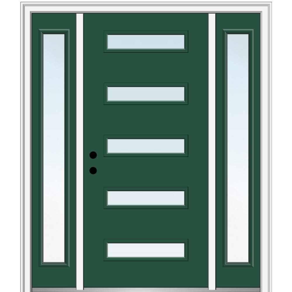 MMI DOOR ZZ346494R Spotlights 60-in x 80-in x 4-9/16-in Fiberglass Pulse lite Right-hand inswing Hunter Green Painted Prehung Front Door with Sidelights with Brickmould Insulating core