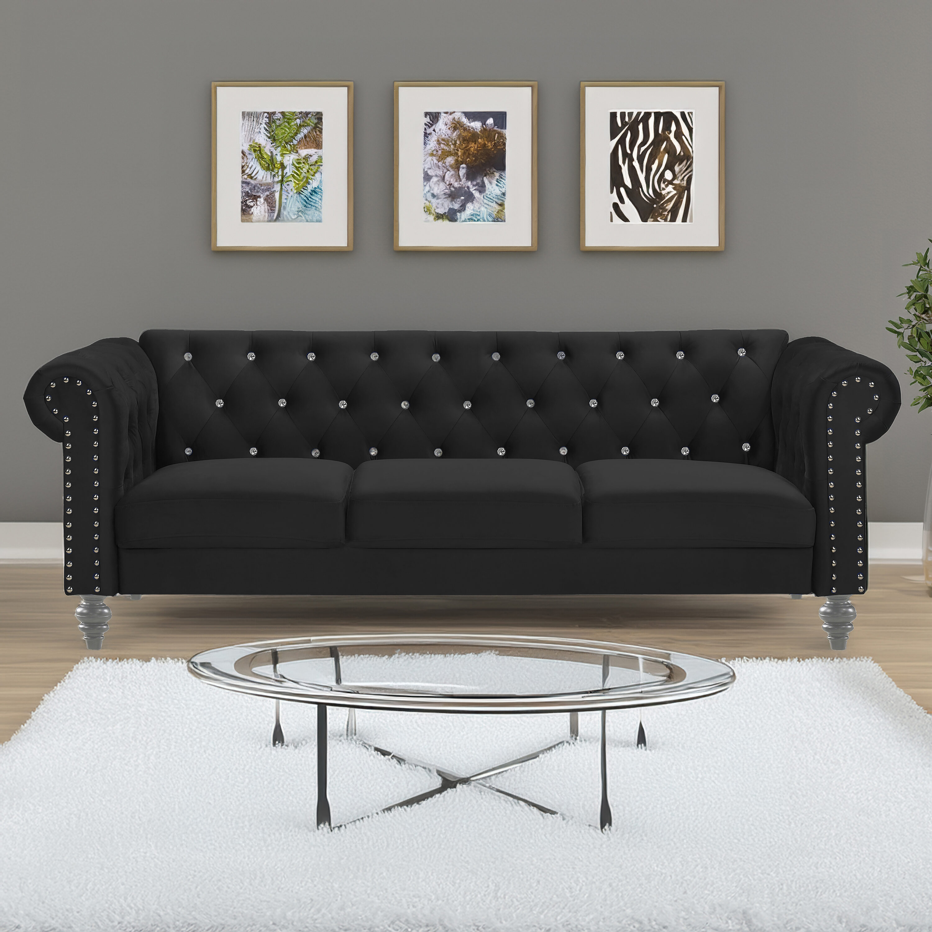 Emma Crystal 81'' Black Velvet Chesterfield Sofa with Nailhead Trim