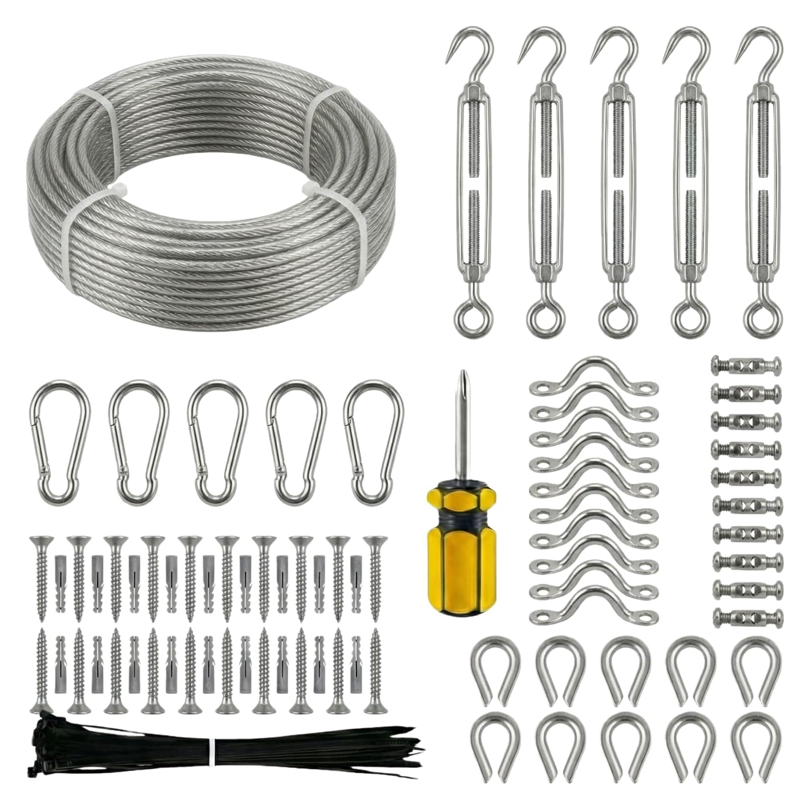 Justincity  Outdoor String Light Hanging Kit 165FT Vinyl Coated Stainless Steel Cable Kit with Turnbuckles Handles Clamps Thimbles Snap Hooks
