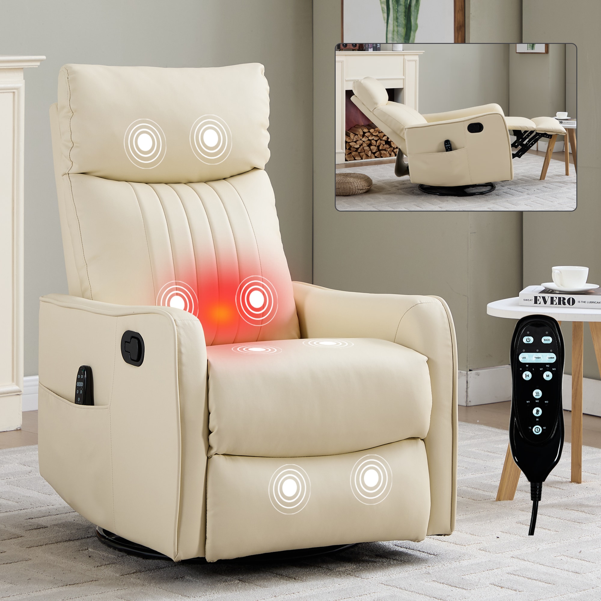 JUSHUA Beige Heat Massage Manual Recliner Chair with Rocker and Swivel in Faux Leather for Living Room