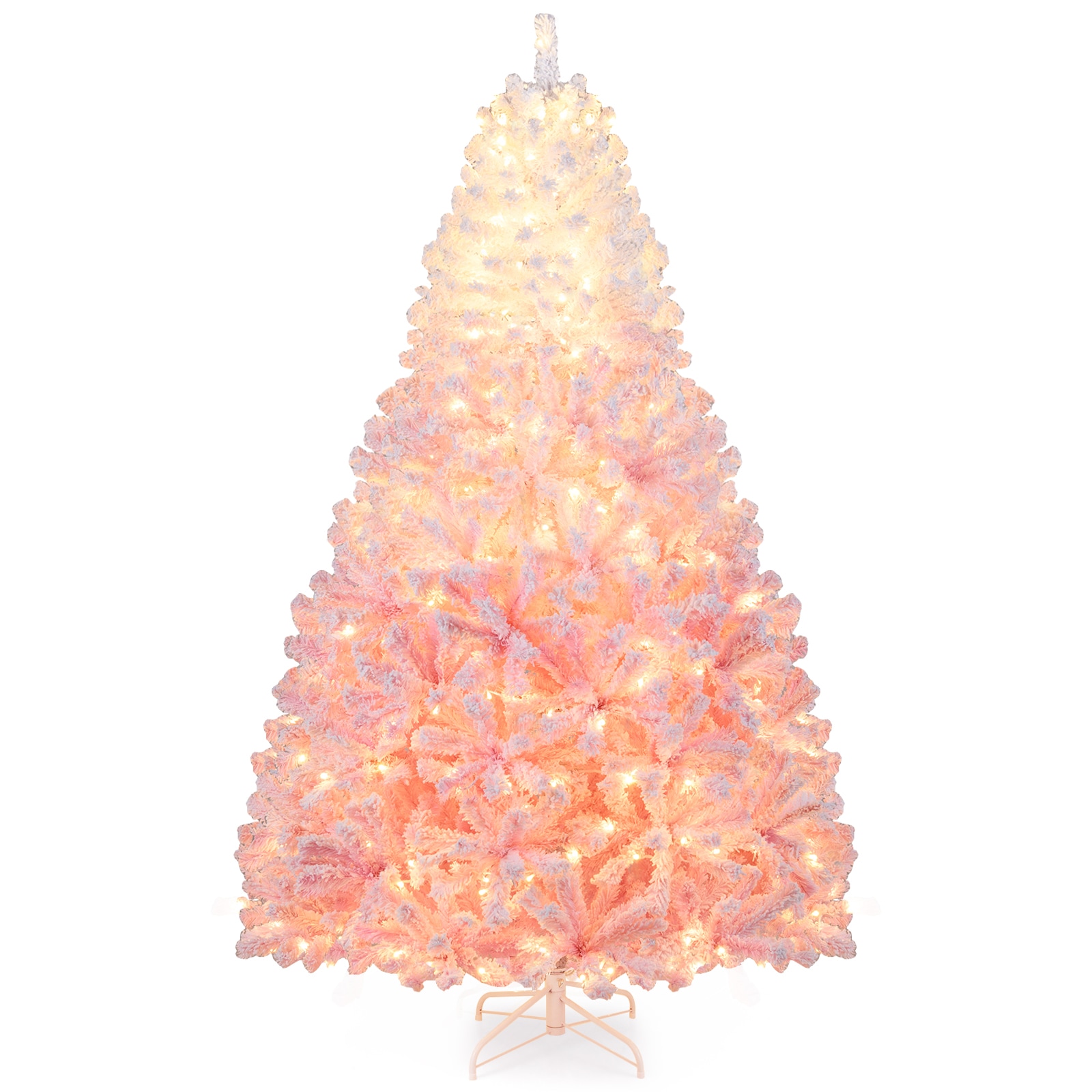 Slickblue 5/6/7/8 ft Pre lit Full White and Pink Snow Flocked Artificial Christmas Tree with LED Lights Hinged Branches and Metal Stand for Living Room Bedroom or Office