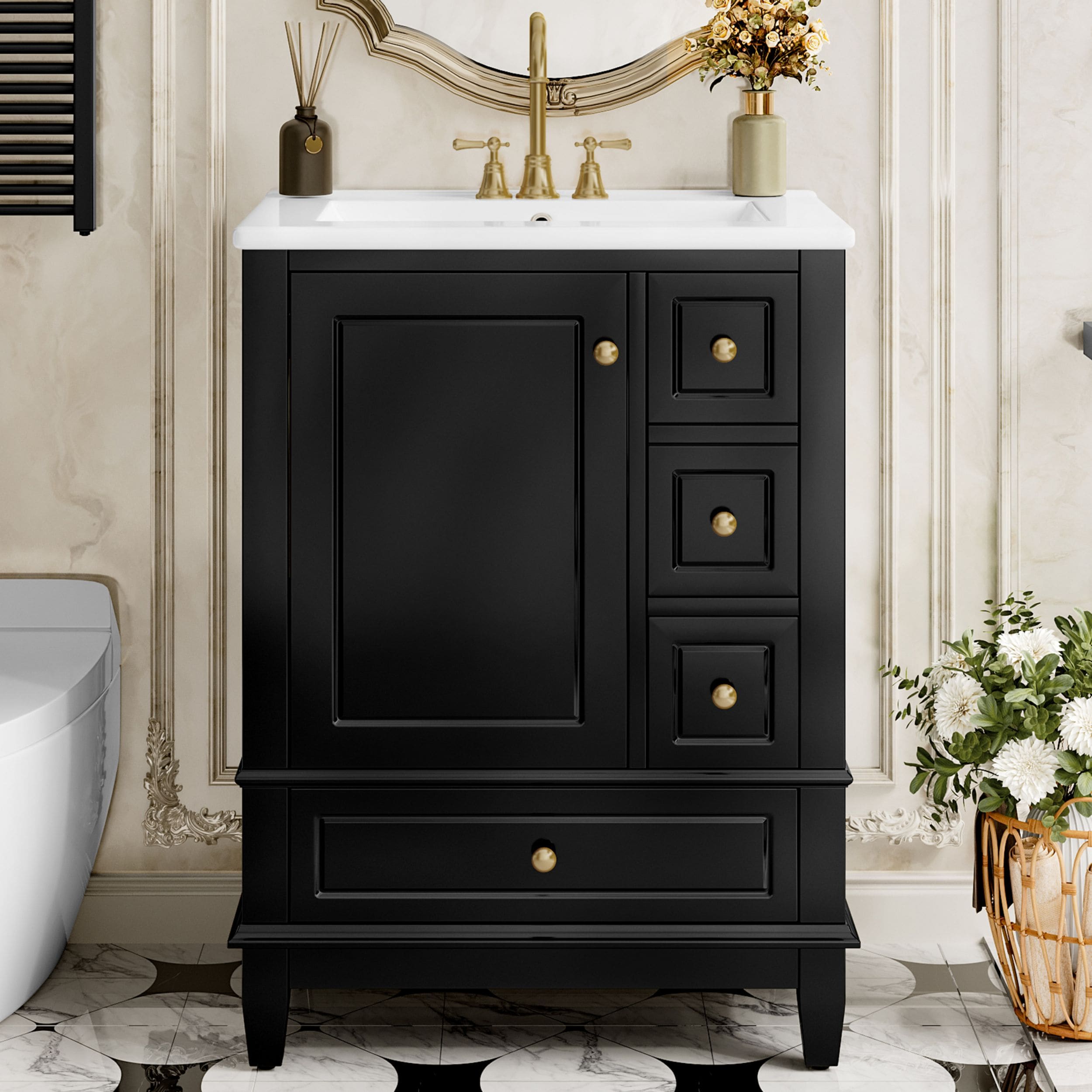 Poinic DCM Unassembled White Undermount Single Sink Bathroom Vanity with White Ceramic Top