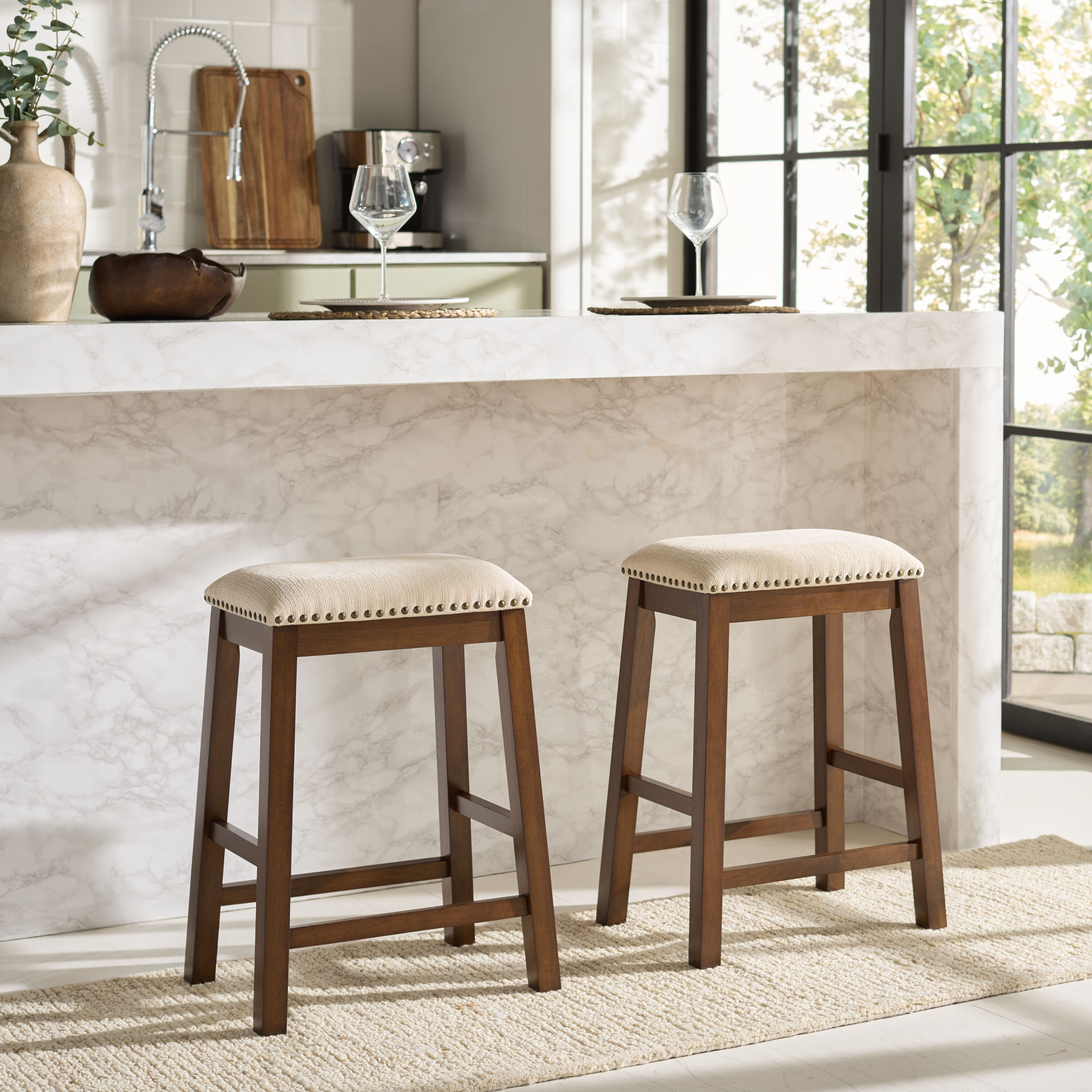 Safavieh - Creme/Brown 25.28-in H Counter height Upholstered Wood Bar Stool