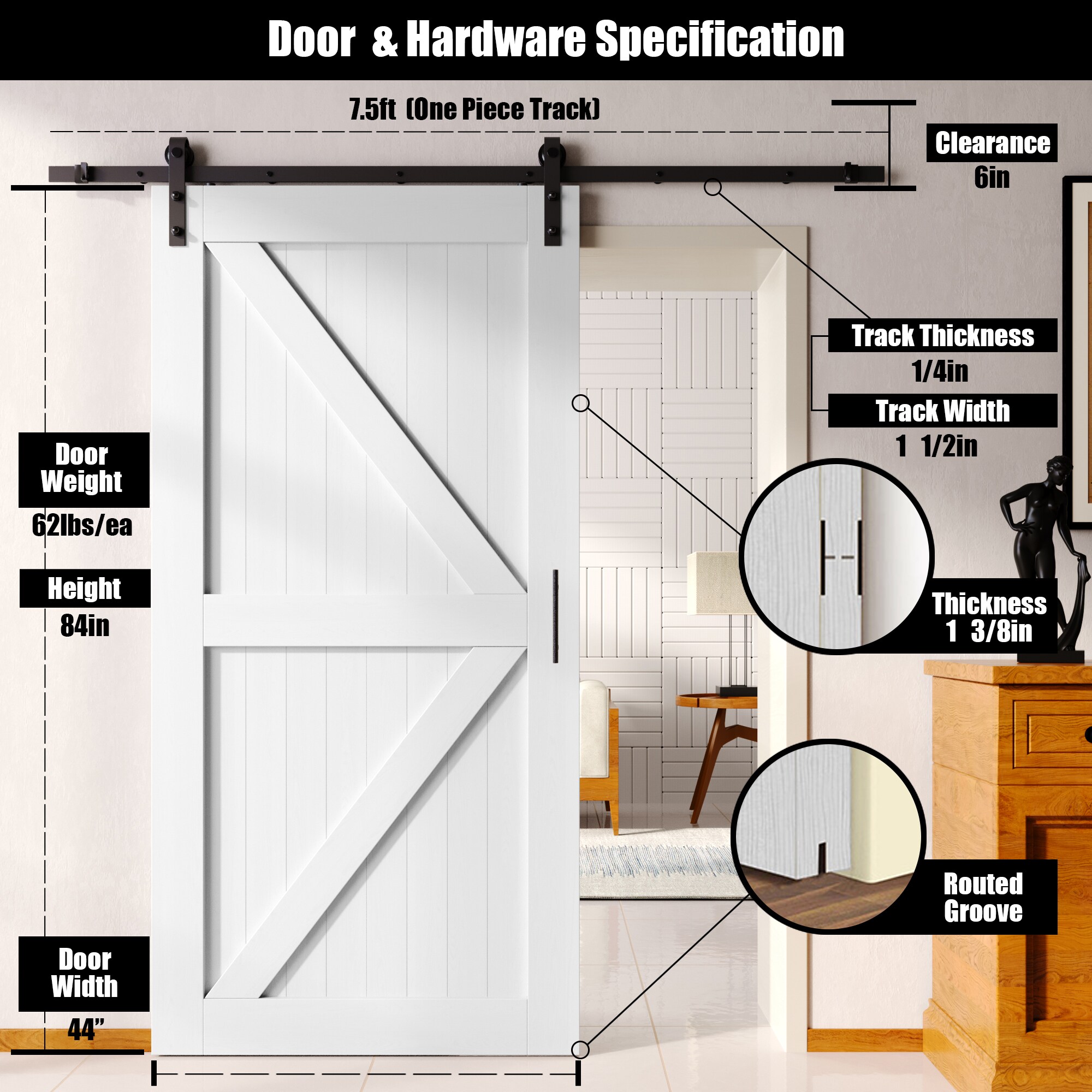 HOMACER YT1TGH090C-4484-K-WH Barn-Doors - View #2