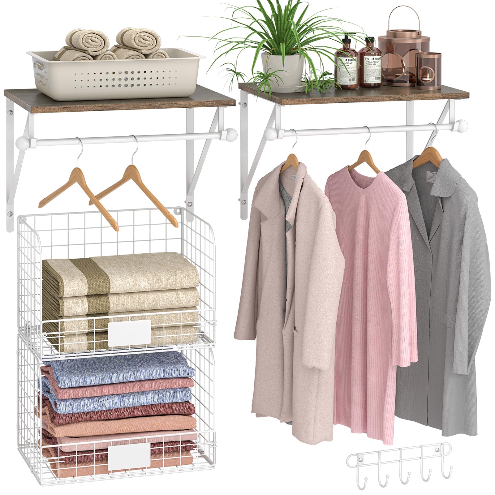 KIWDZFU 2 Set Laundry Room Shelves Wall Mounted with Wire Storage Baskets Over Washer and Dryer Shelves with Hanging Rods and Hooks #LKI0813A461
