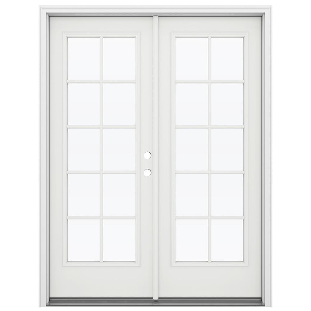JELD-WEN LOWOLJW192600006 60-in x 80-in x 4-9/16-in Jamb Low-E External grilles , Modern White Steel Left-hand inswing French Double Patio Door Brickmould Included