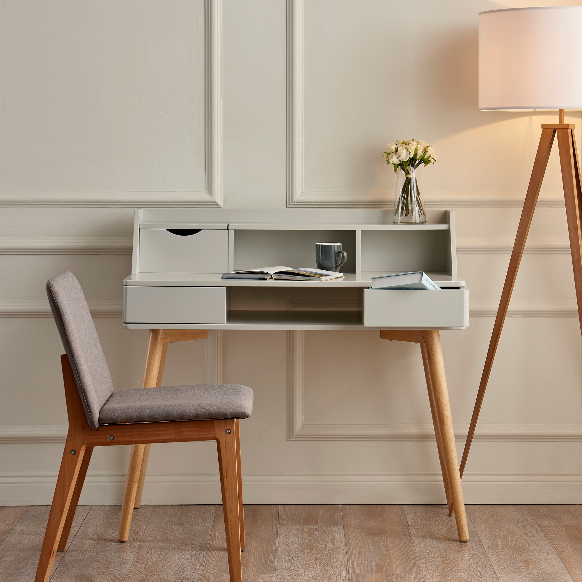 Light Gray Wooden Writing Desk with Hutch and Drawers