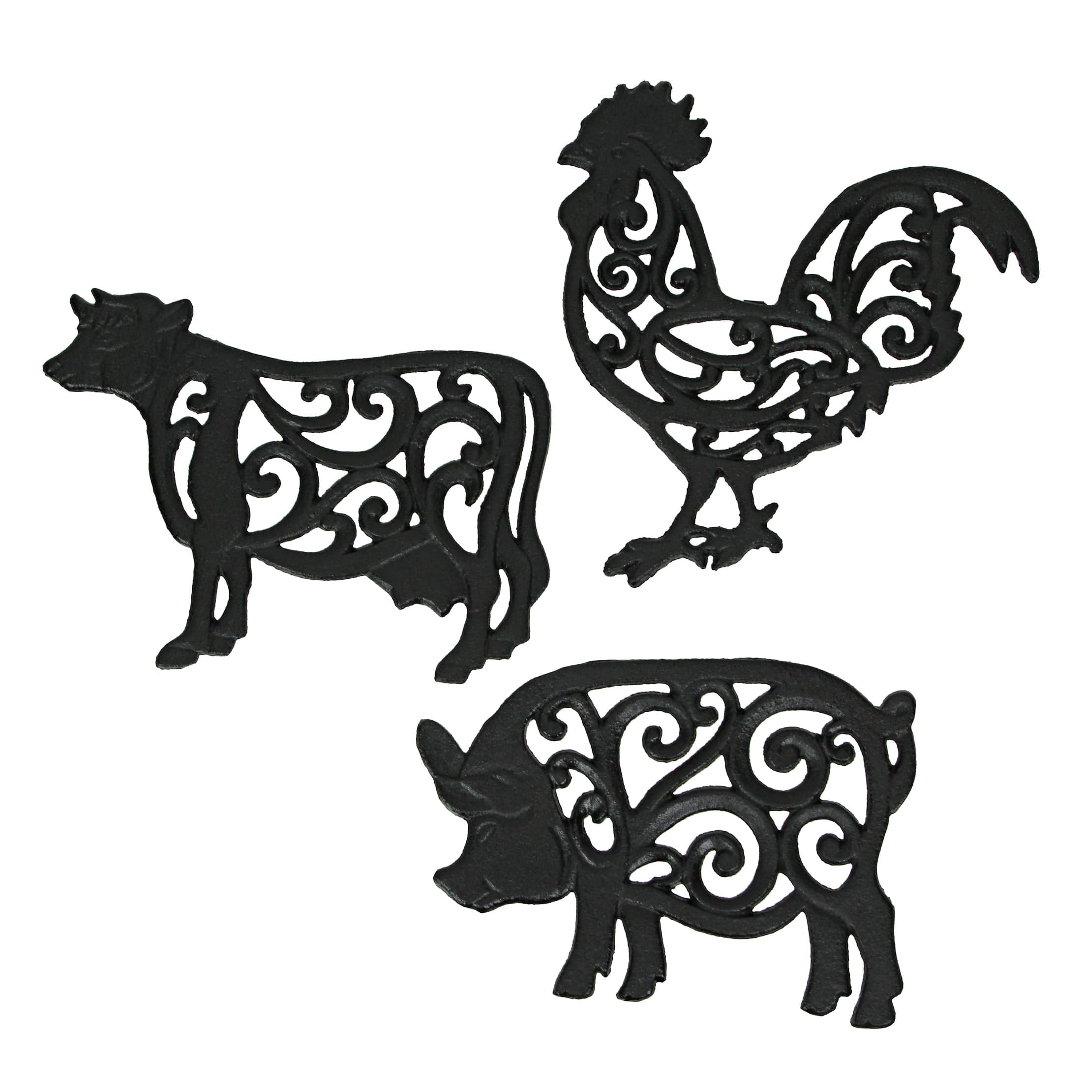 Zeckos ZKO-99298 Set of 3 Black Cast Iron Farm Animal Kitchen Decor Trivets - Rooster- Pig and Cow - Decorative Wall Hanging Art - 9 Inch - Farmhouse Table Accents