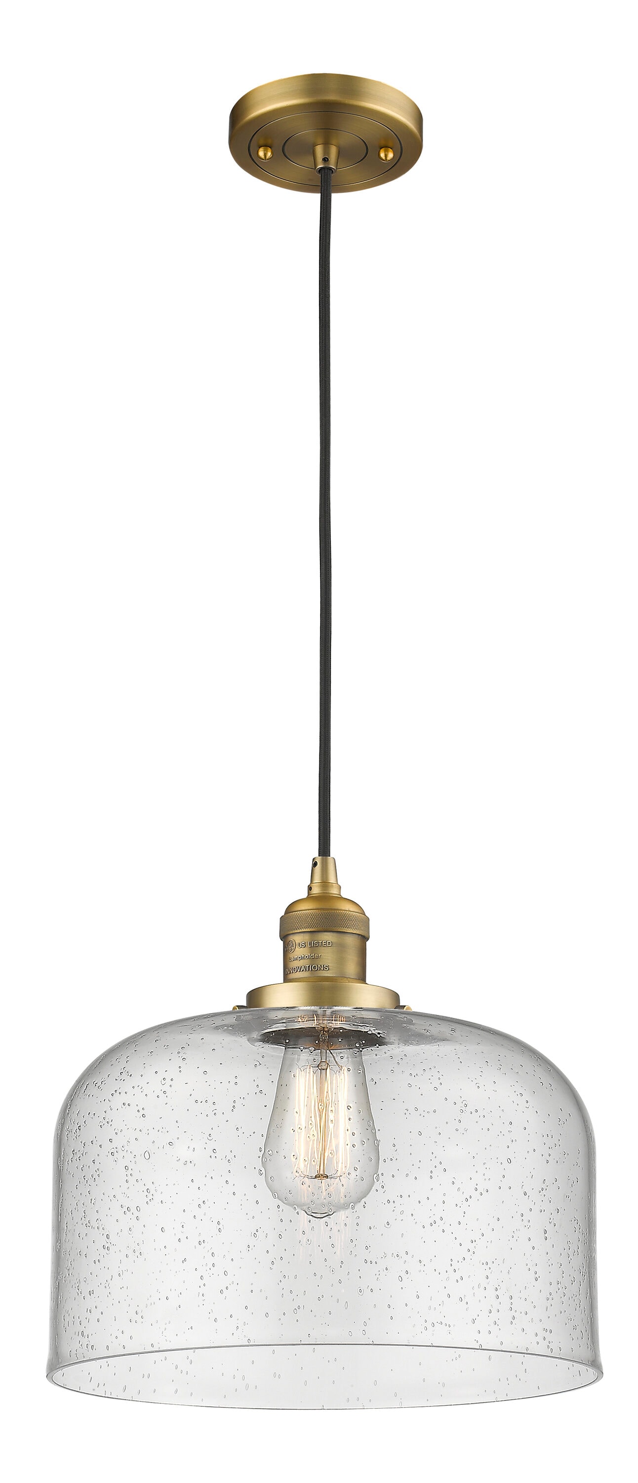 Innovations Lighting 201C-BB-G74-L Bell Brushed Brass Industrial Seeded glass Bell Mini Hanging Pendant light