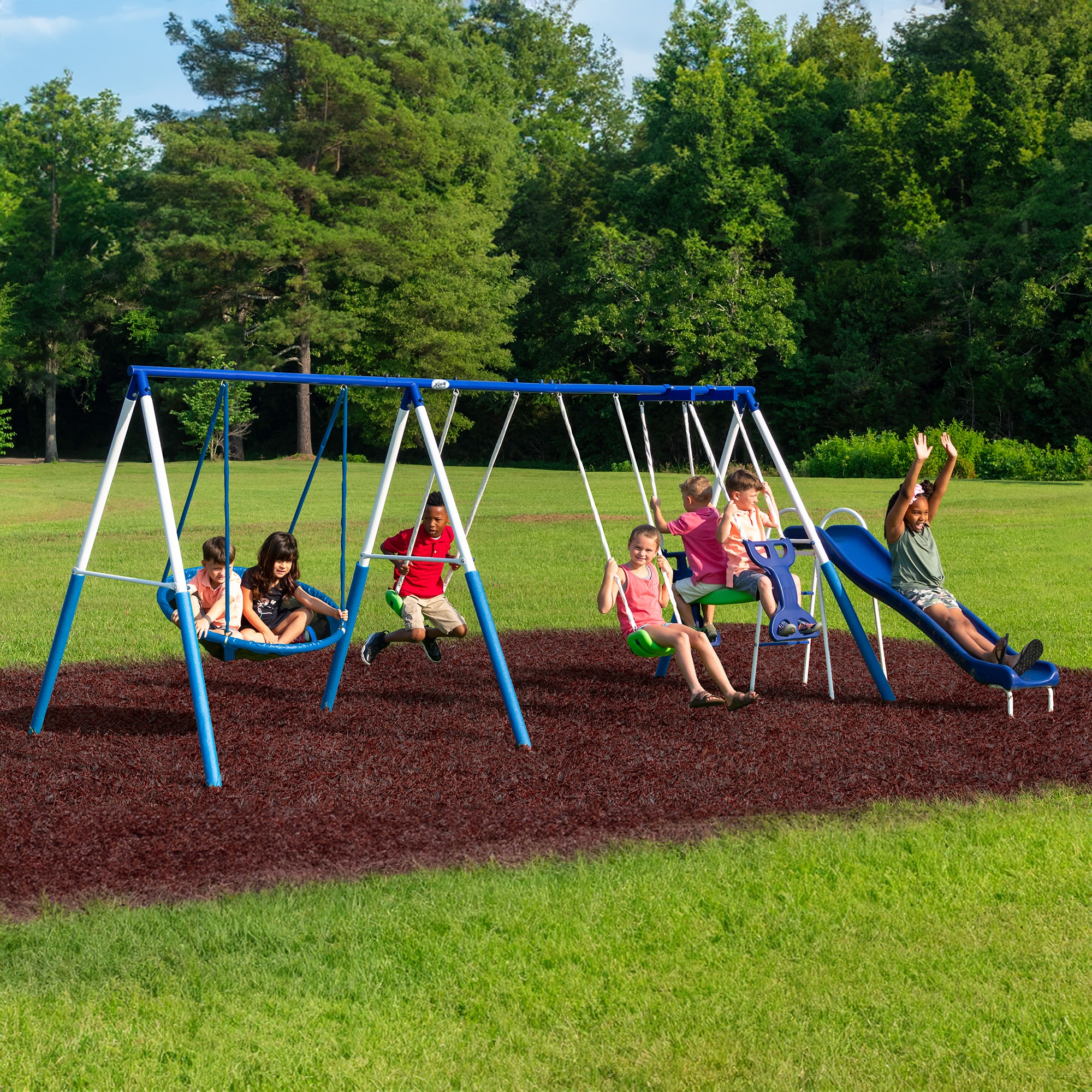Blue and Green Metal Swing Set with Slide for 7 Kids